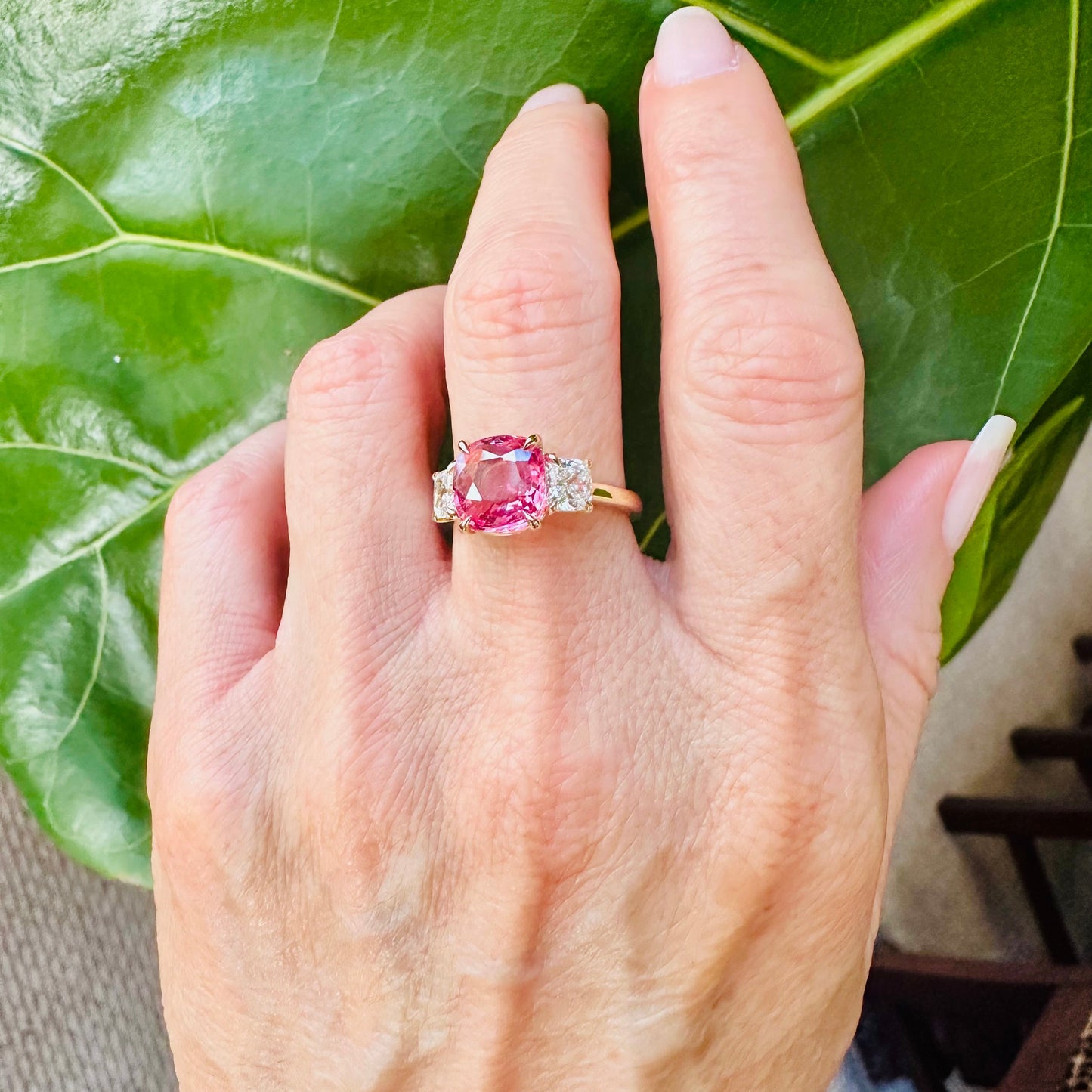 GRS Padparadscha Orange Pink Sapphire Cushion Cut & Diamond Ring 18k, Three Stone Ring, Wedding & Anniversary Jewelry