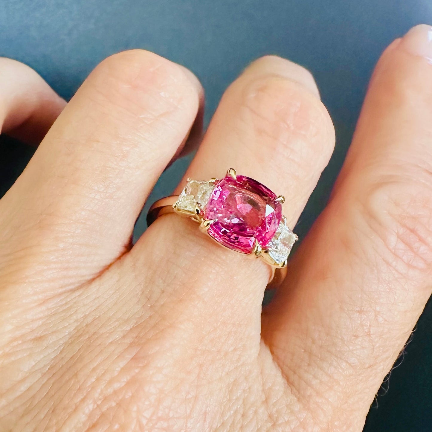 GRS Padparadscha Orange Pink Sapphire Cushion Cut & Diamond Ring 18k, Three Stone Ring, Wedding & Anniversary Jewelry