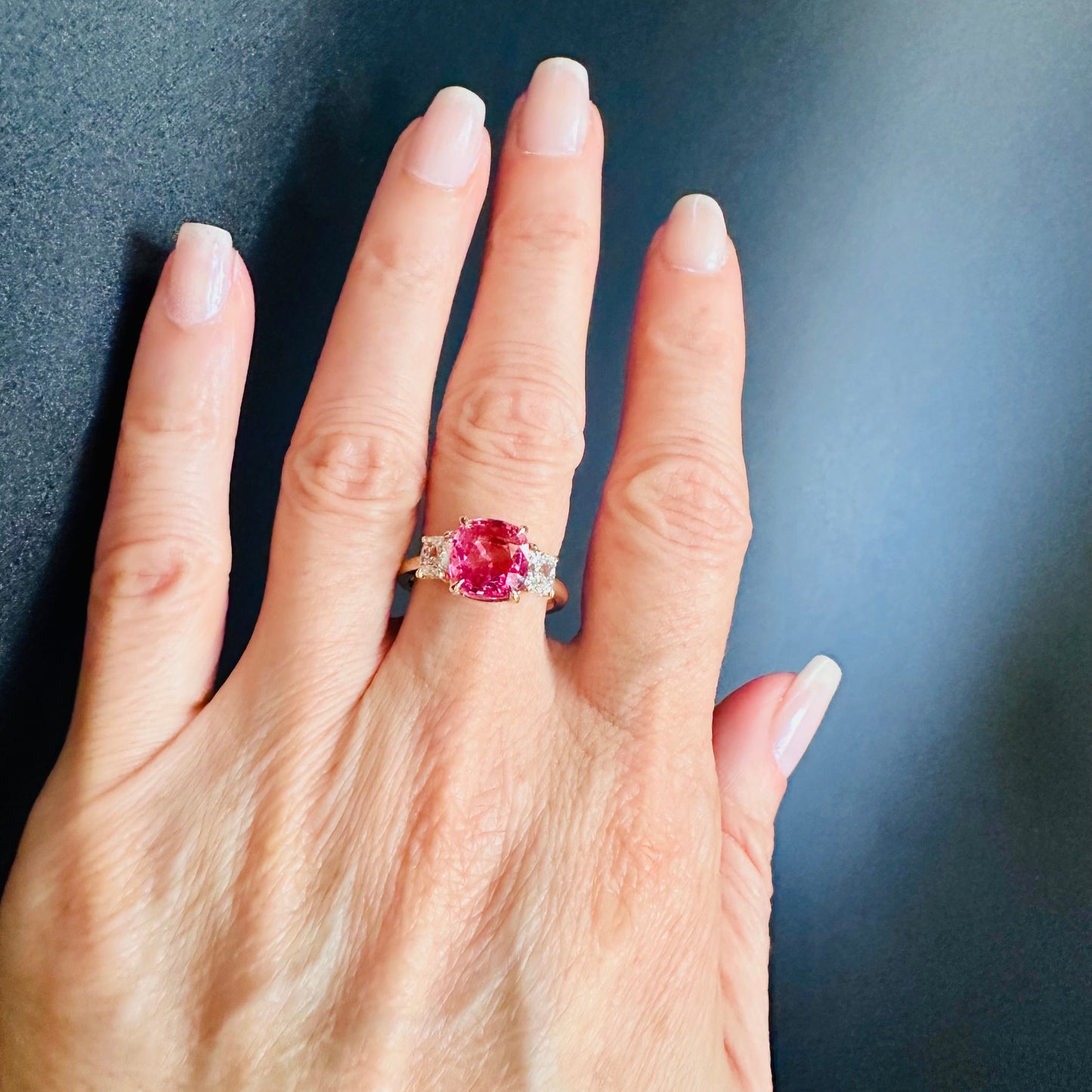 GRS Padparadscha Orange Pink Sapphire Cushion Cut & Diamond Ring 18k, Three Stone Ring, Wedding & Anniversary Jewelry