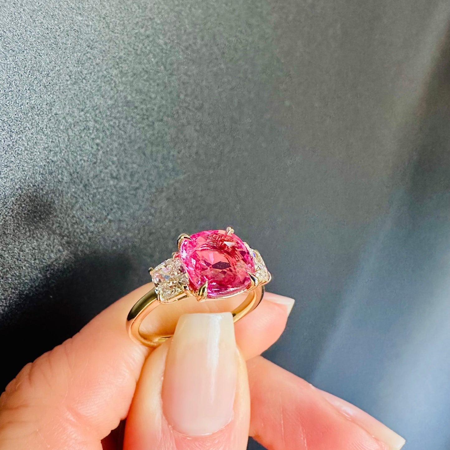 GRS Padparadscha Orange Pink Sapphire Cushion Cut & Diamond Ring 18k, Three Stone Ring, Wedding & Anniversary Jewelry