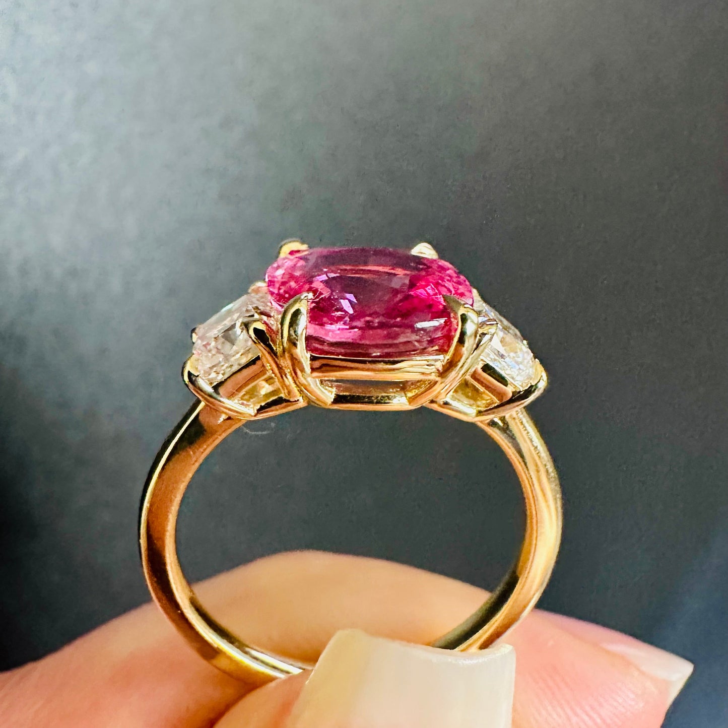 GRS Padparadscha Orange Pink Sapphire Cushion Cut & Diamond Ring 18k, Three Stone Ring, Wedding & Anniversary Jewelry