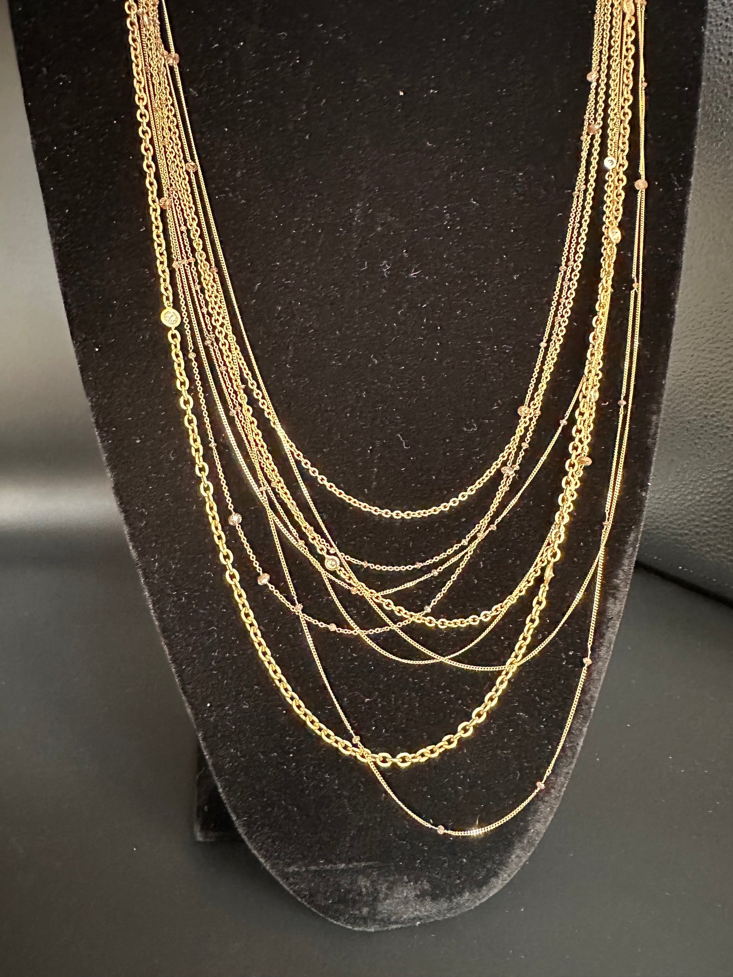 Multi Strand Diamond Necklace 18k Yellow Gold Length 34", Layering Style Necklace