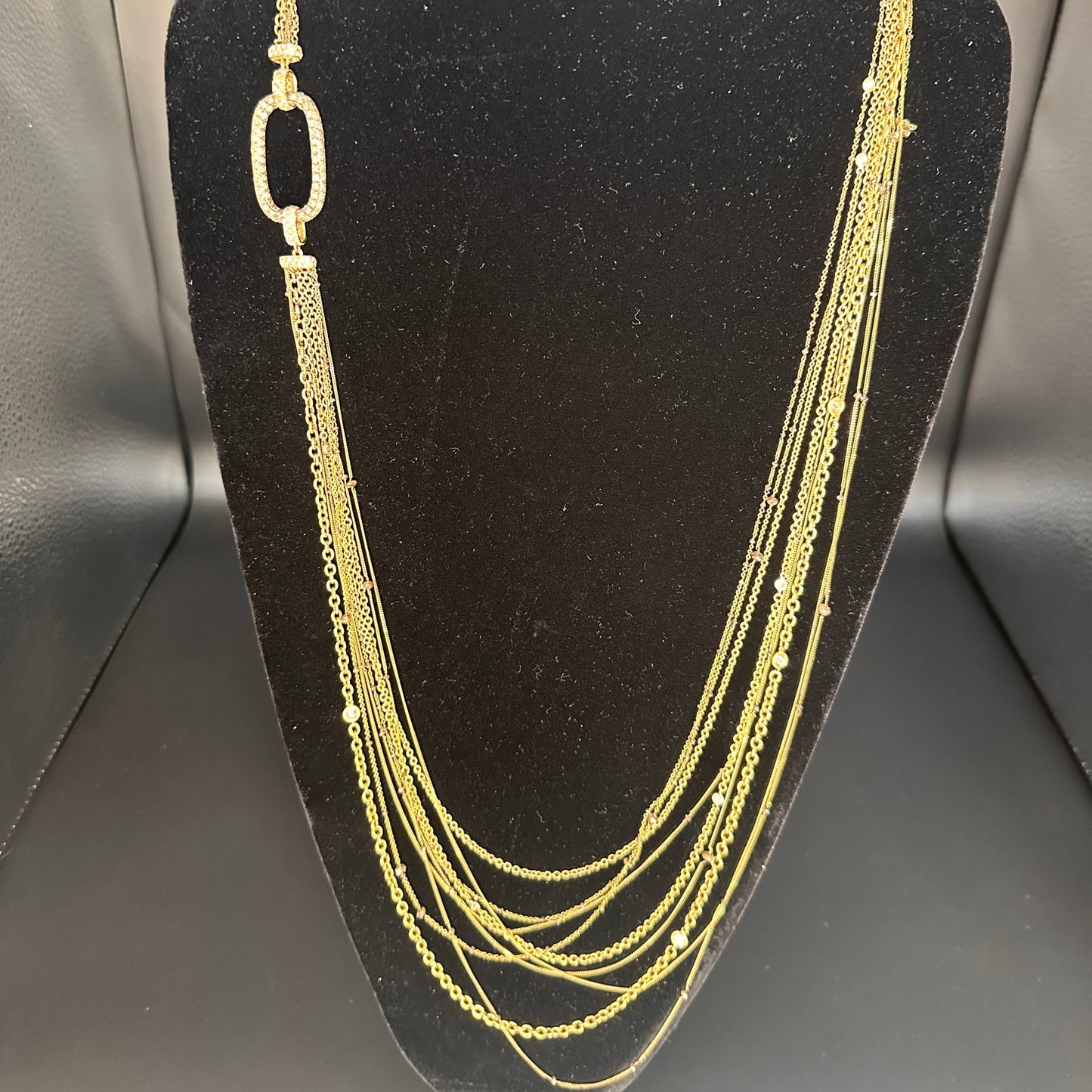 Multi Strand Diamond Necklace 18k Yellow Gold Length 34", Layering Style Necklace