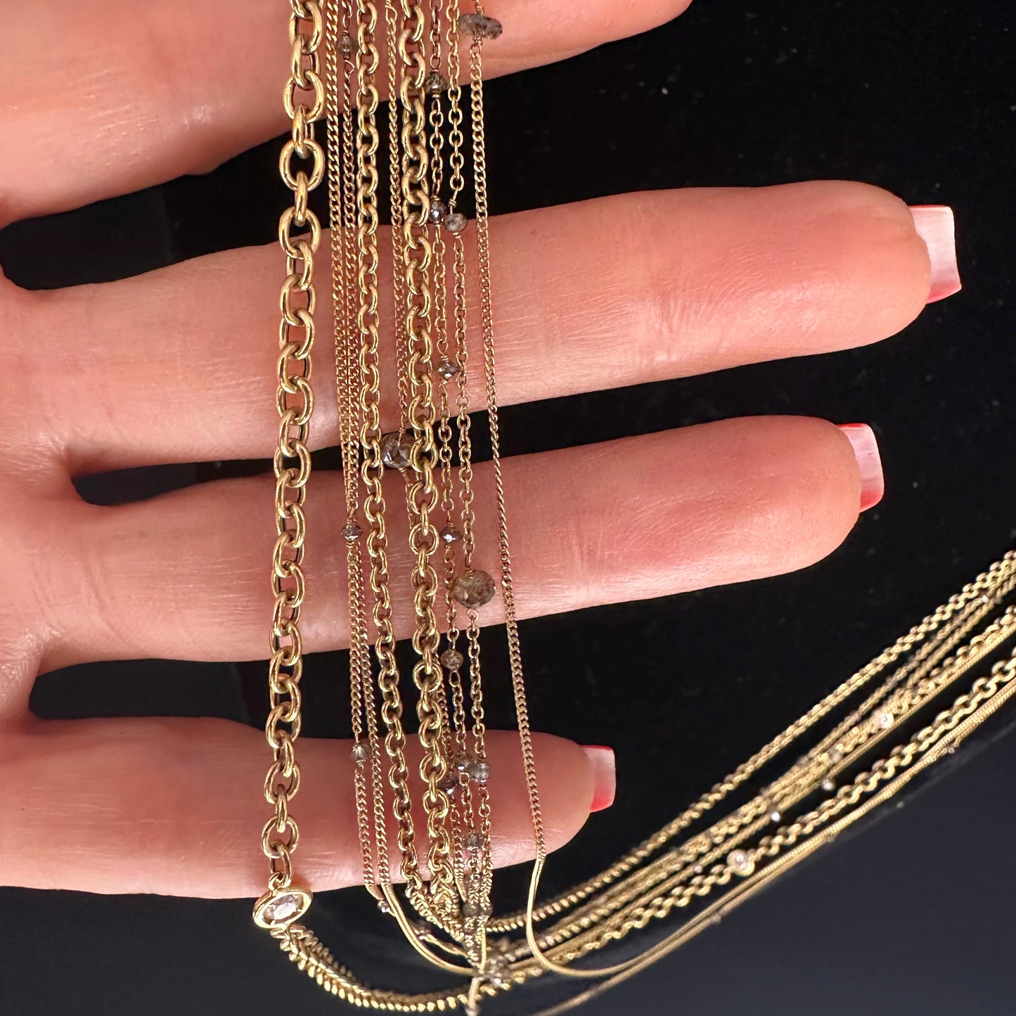 Multi Strand Diamond Necklace 18k Yellow Gold Length 34", Layering Style Necklace