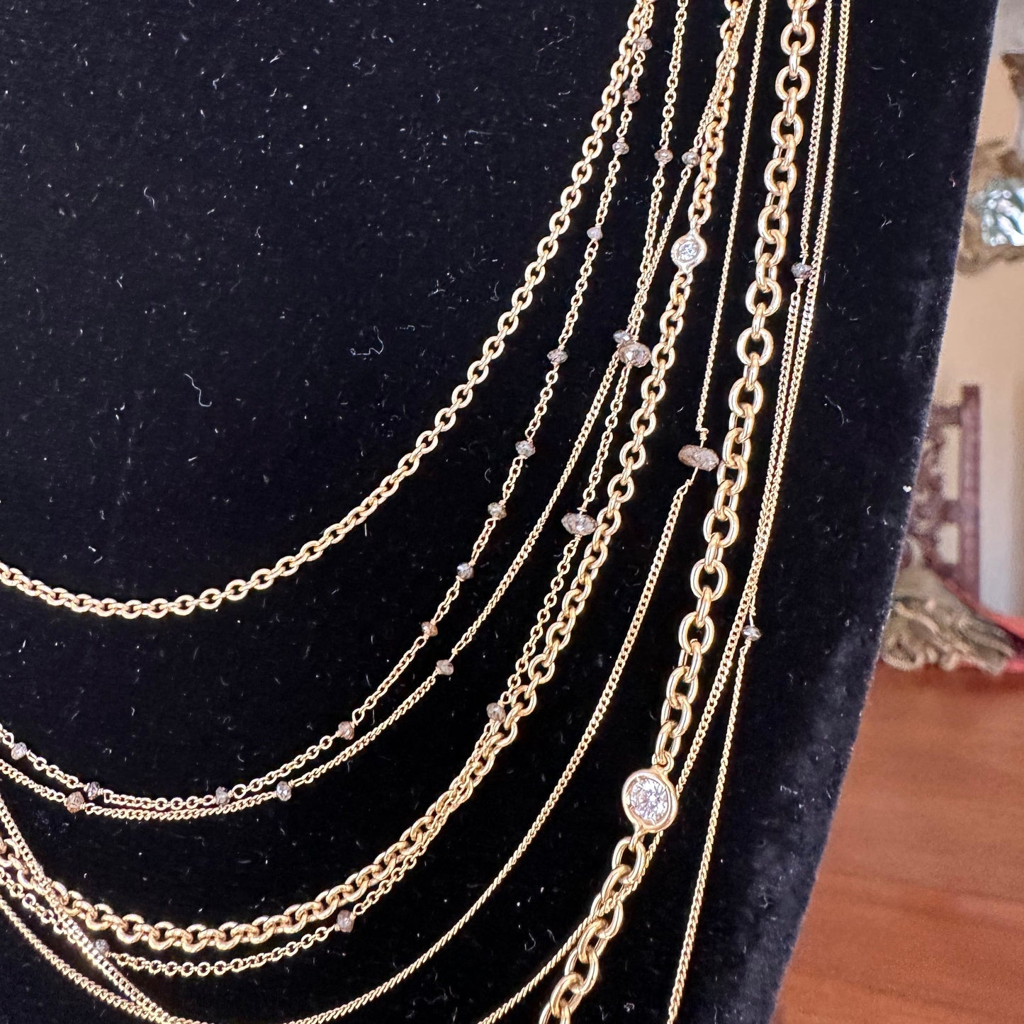 Multi Strand Diamond Necklace 18k Yellow Gold Length 34", Layering Style Necklace