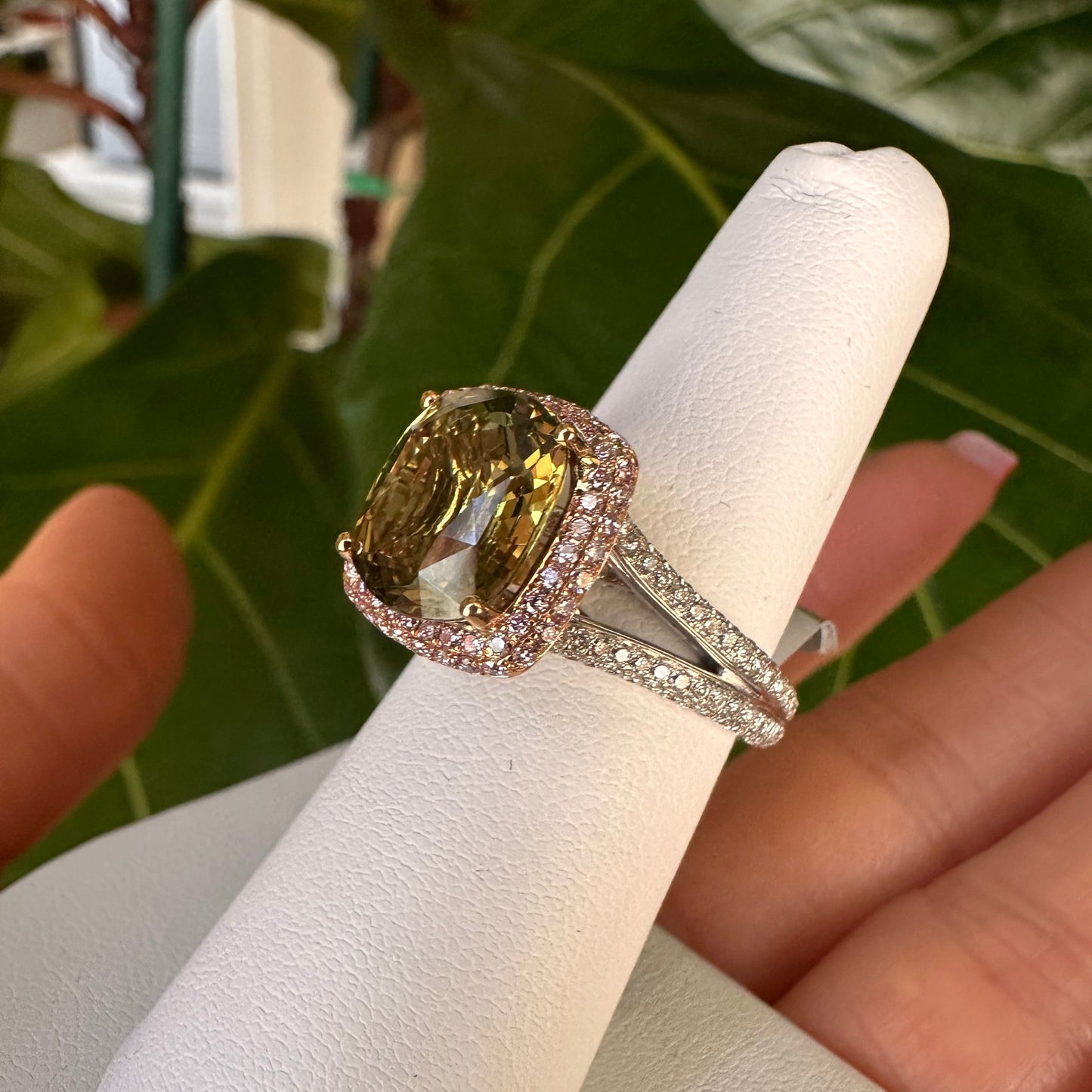 Color Changing Alexandrite Cushion Cut White & Pink Diamond Ring 18k