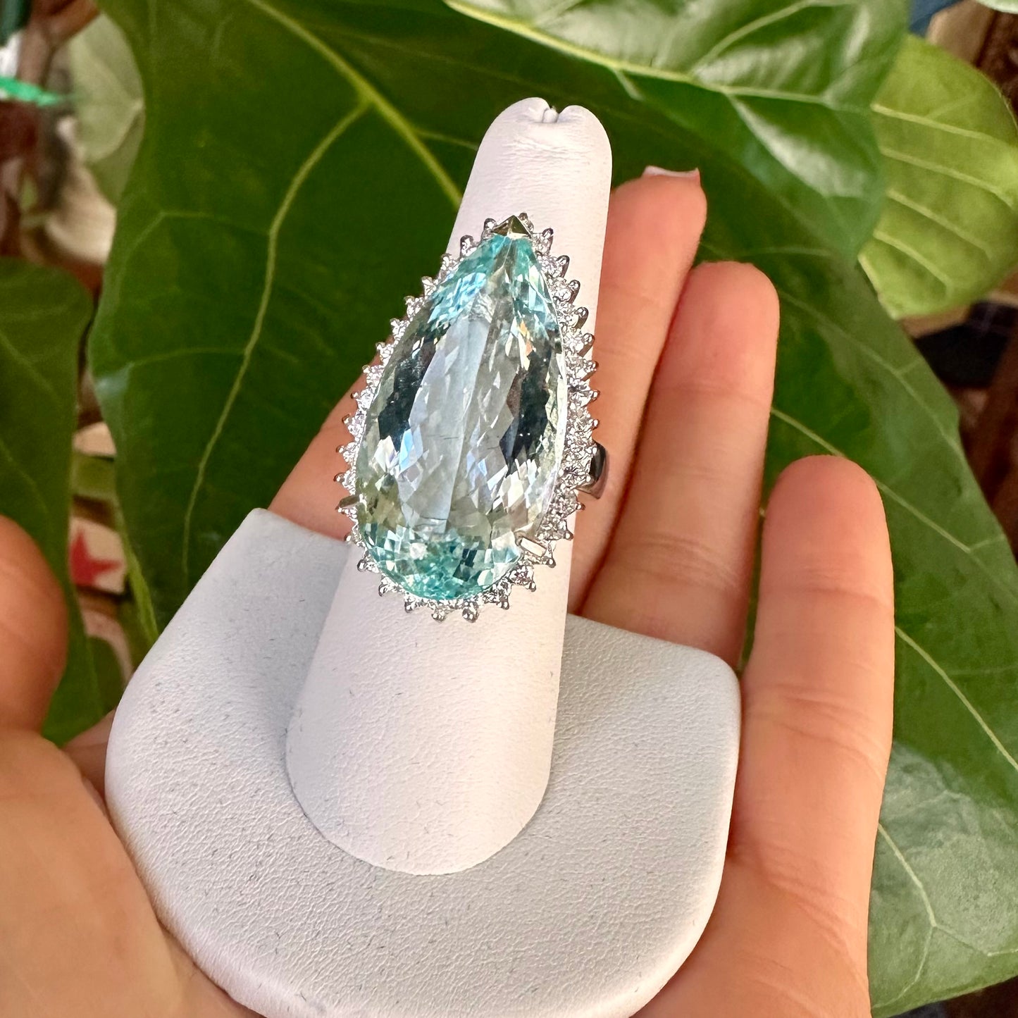 Pear Shape Aqua Marine Diamond Halo Platinum Ring, Cocktail Ring Platinum