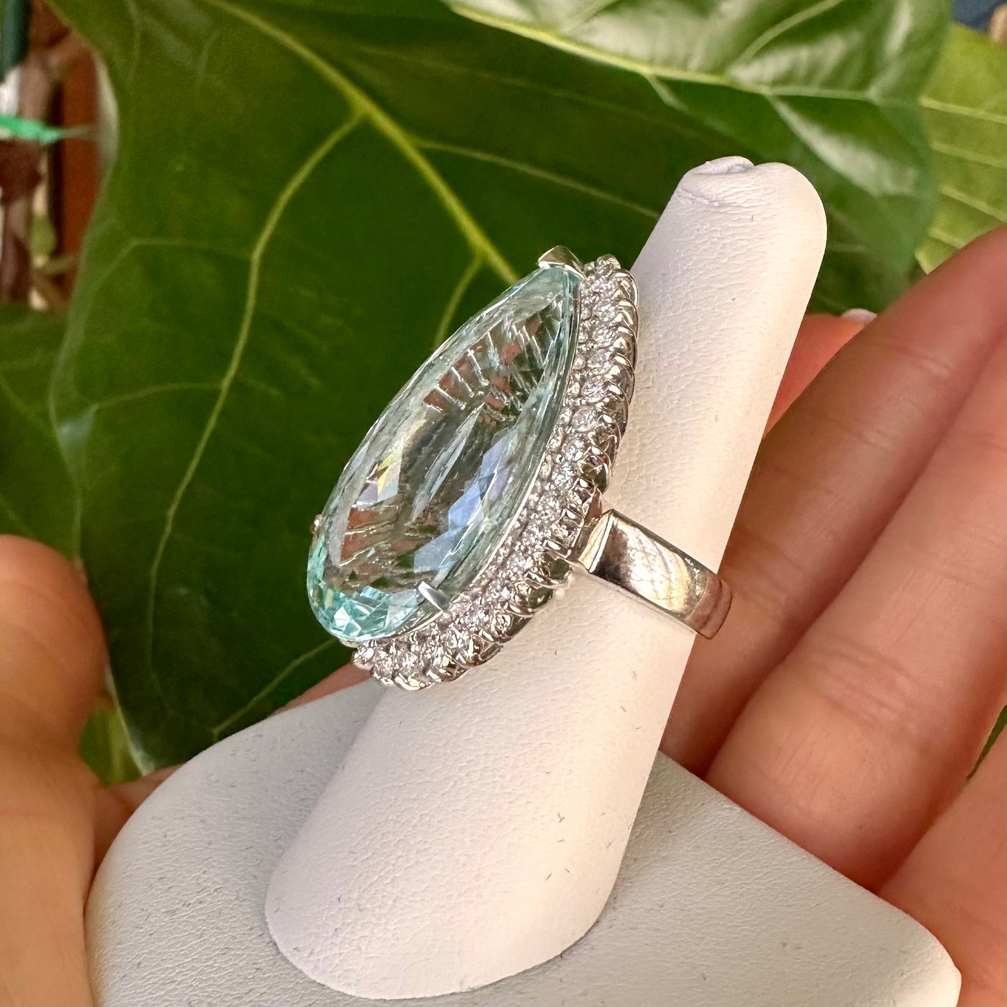 Pear Shape Aqua Marine Diamond Halo Platinum Ring, Cocktail Ring Platinum