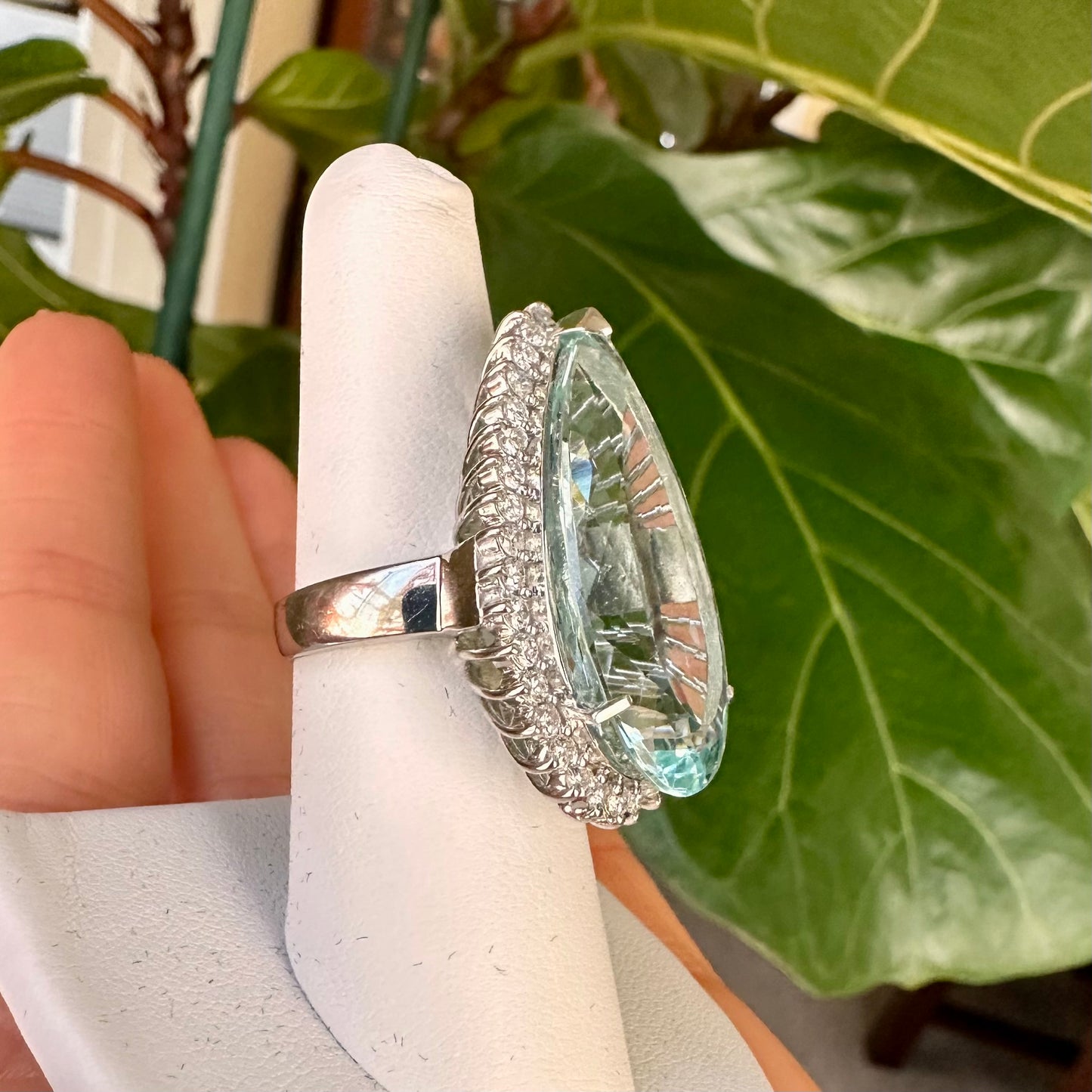 Pear Shape Aqua Marine Diamond Halo Platinum Ring, Cocktail Ring Platinum