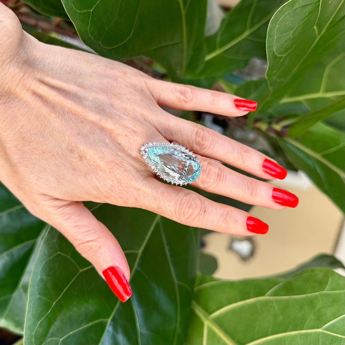 Pear Shape Aqua Marine Diamond Halo Platinum Ring, Cocktail Ring Platinum
