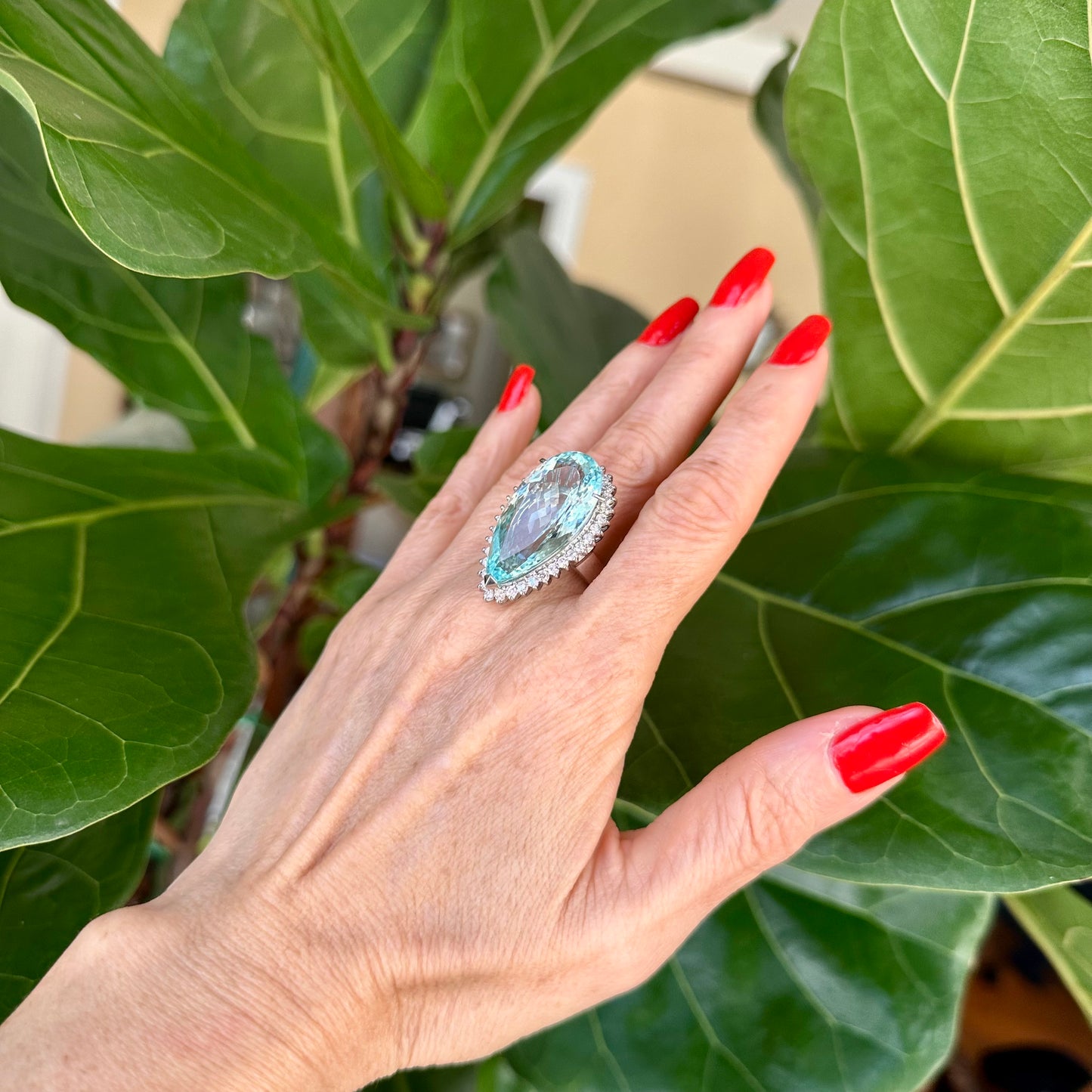 Pear Shape Aqua Marine Diamond Halo Platinum Ring, Cocktail Ring Platinum