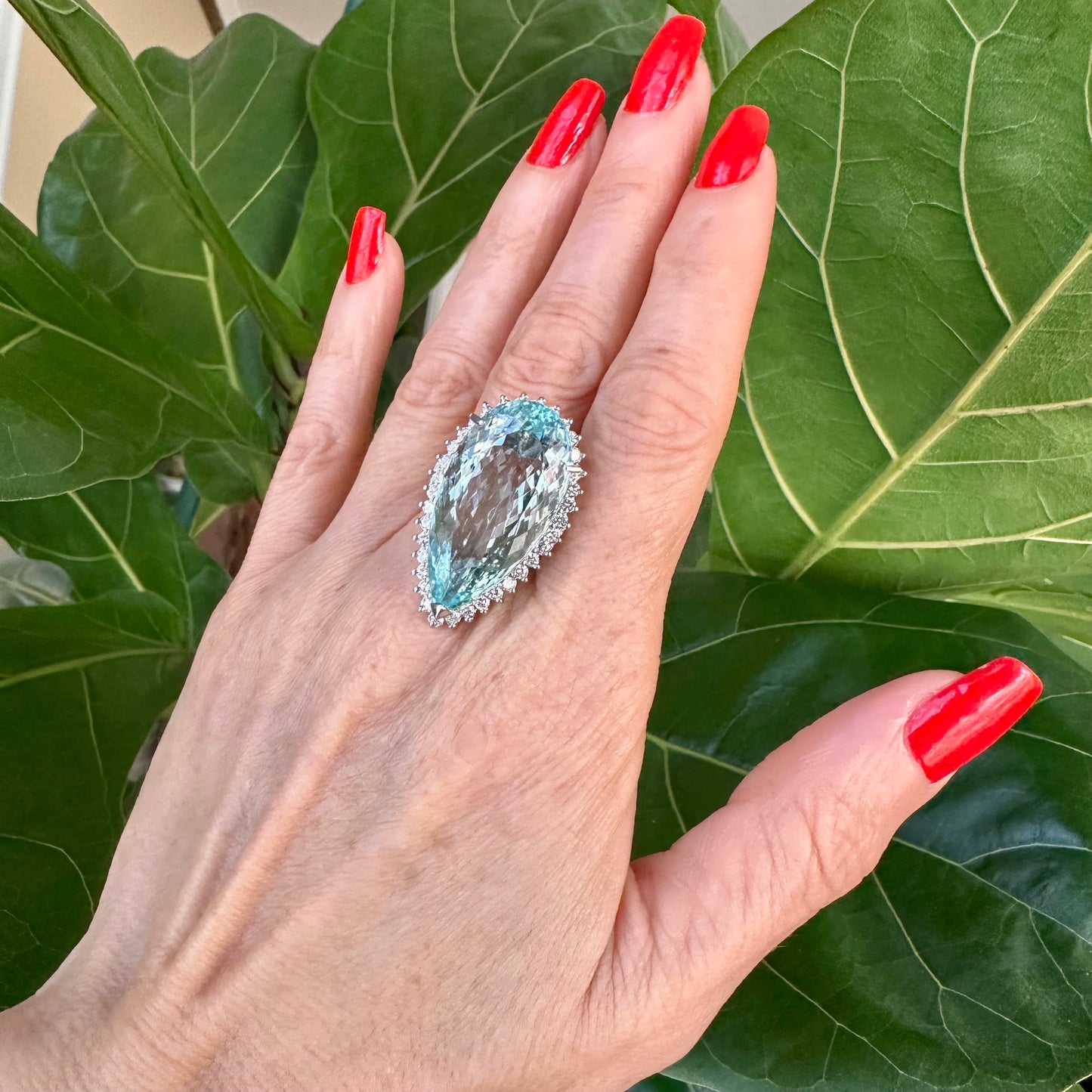 Pear Shape Aqua Marine Diamond Halo Platinum Ring, Cocktail Ring Platinum