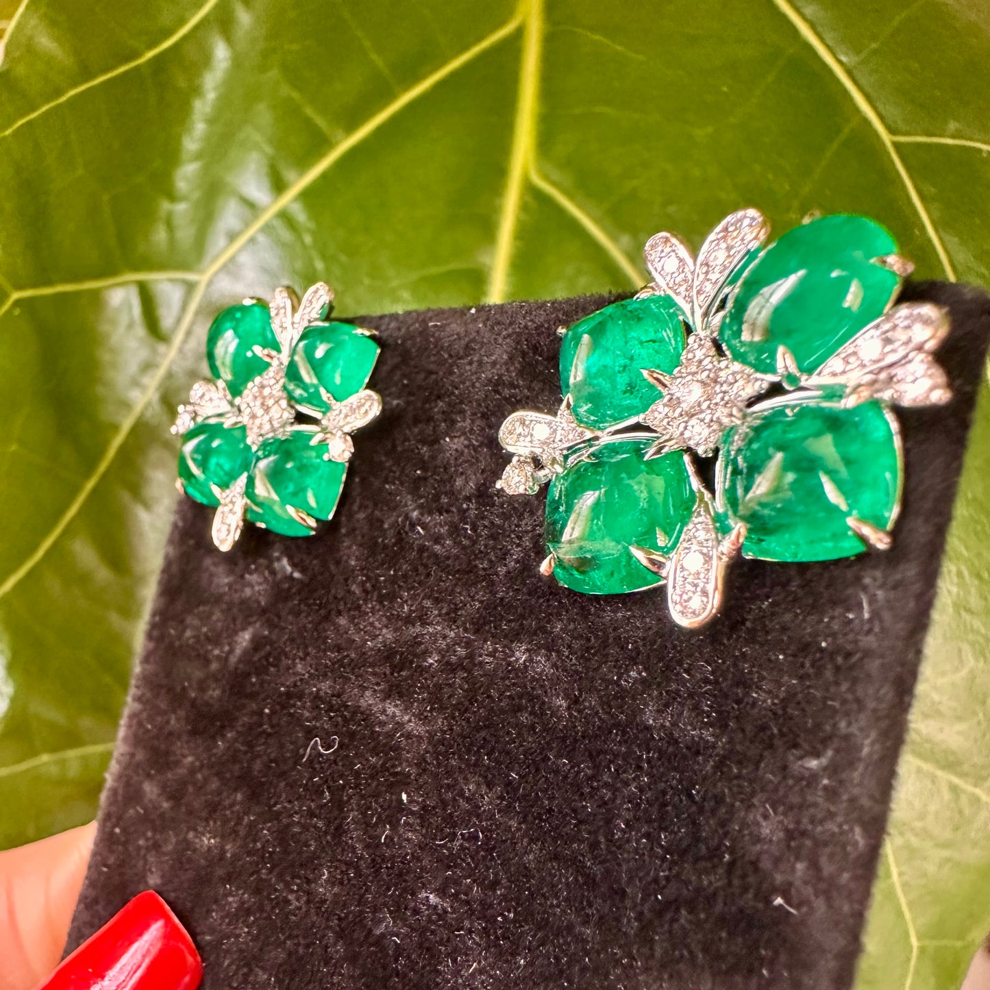 Columbian Emerald Cabochon Multi Shape Diamond Earrings 18k