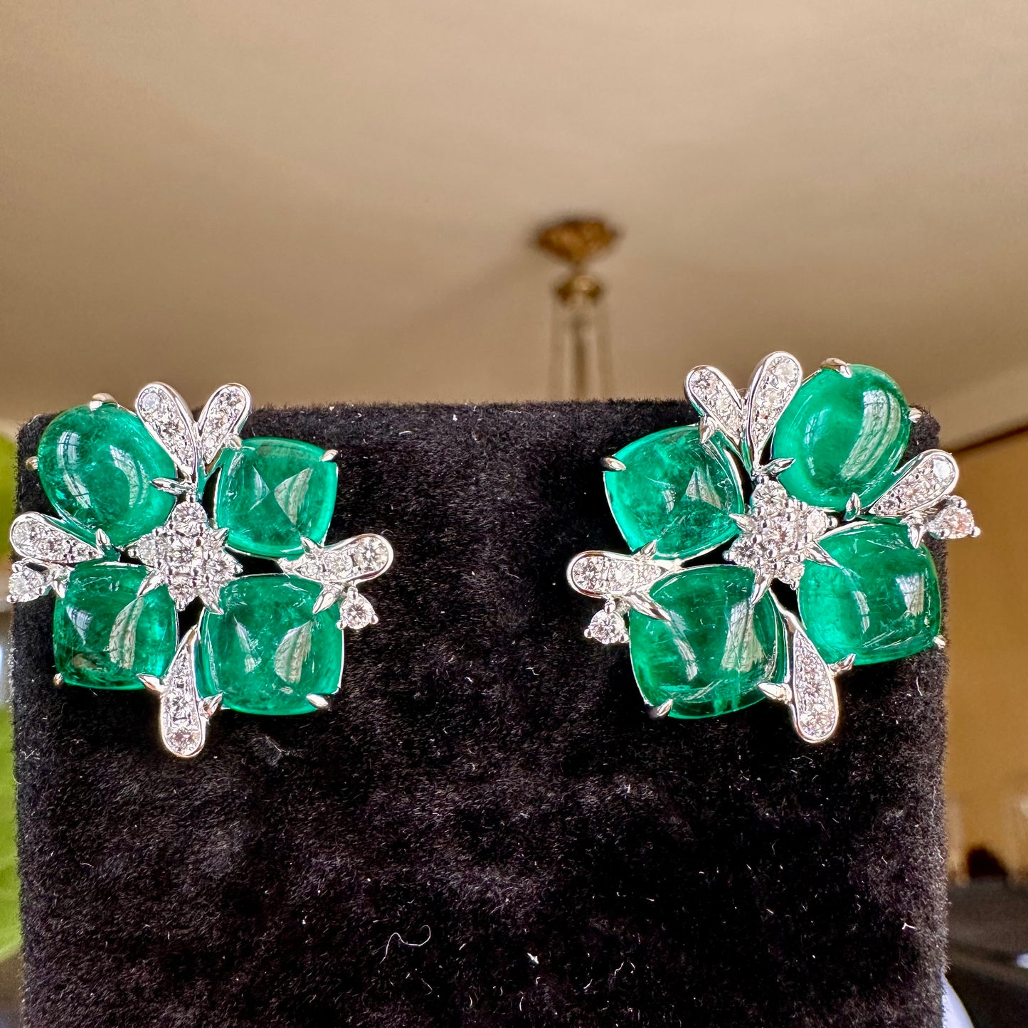 Columbian Emerald Cabochon Multi Shape Diamond Earrings 18k
