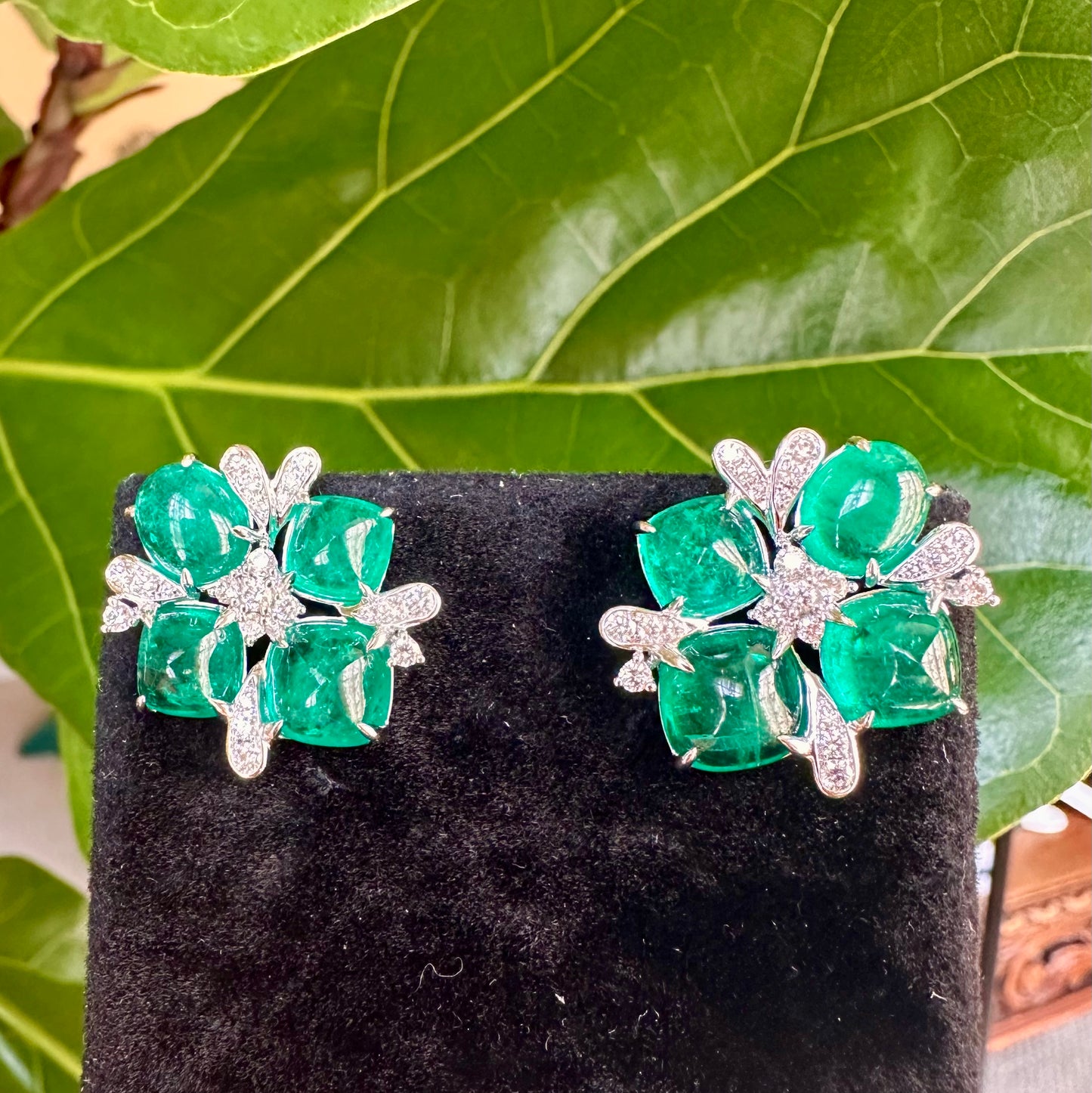 Columbian Emerald Cabochon Multi Shape Diamond Earrings 18k