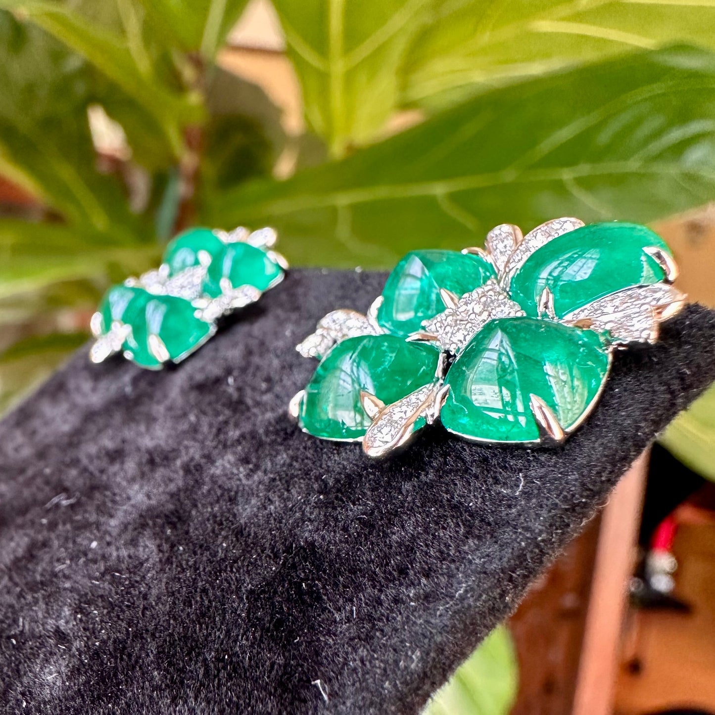 Columbian Emerald Cabochon Multi Shape Diamond Earrings 18k
