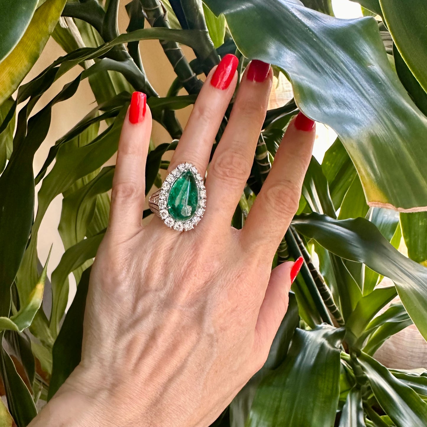 Pear Shape Cabochon Emerald Diamond Halo Ring 18k White Gold
