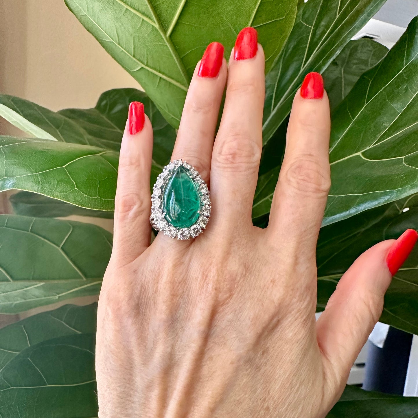 Pear Shape Cabochon Emerald Diamond Halo Ring 18k White Gold