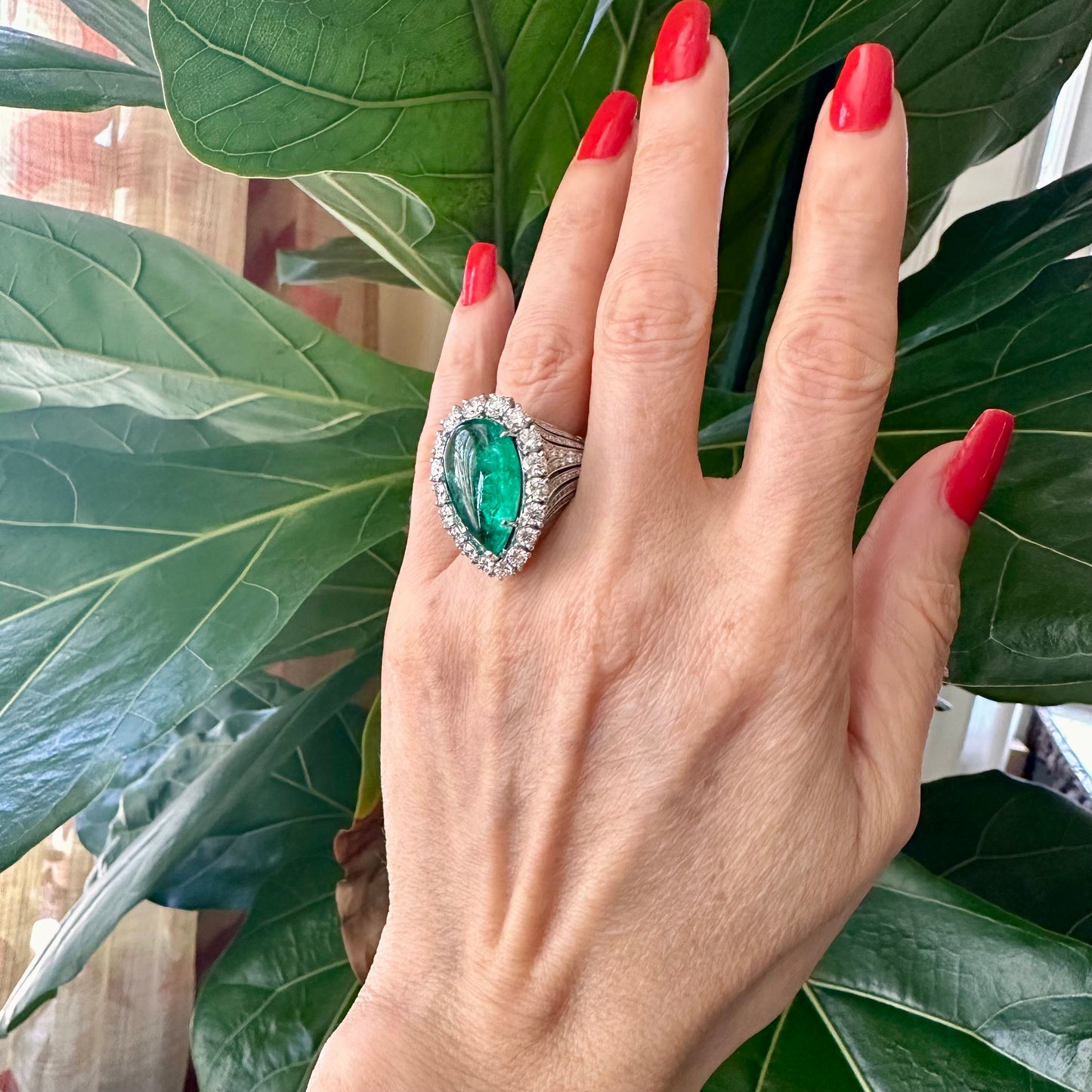 Pear Shape Cabochon Emerald Diamond Halo Ring 18k White Gold