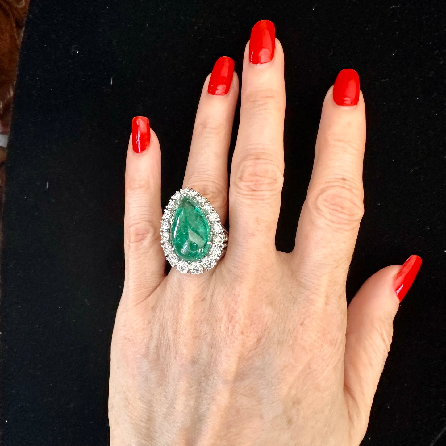 Pear Shape Cabochon Emerald Diamond Halo Ring 18k White Gold