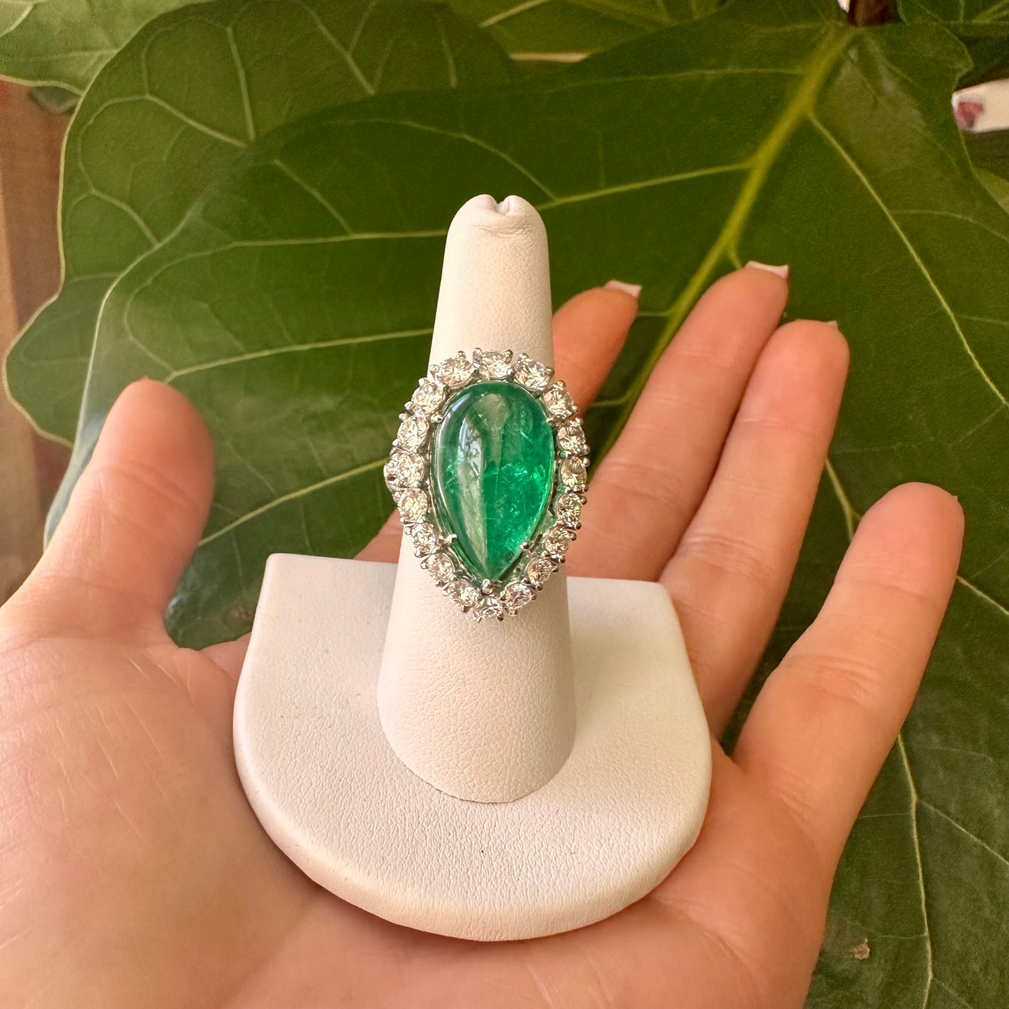 Pear Shape Cabochon Emerald Diamond Halo Ring 18k White Gold