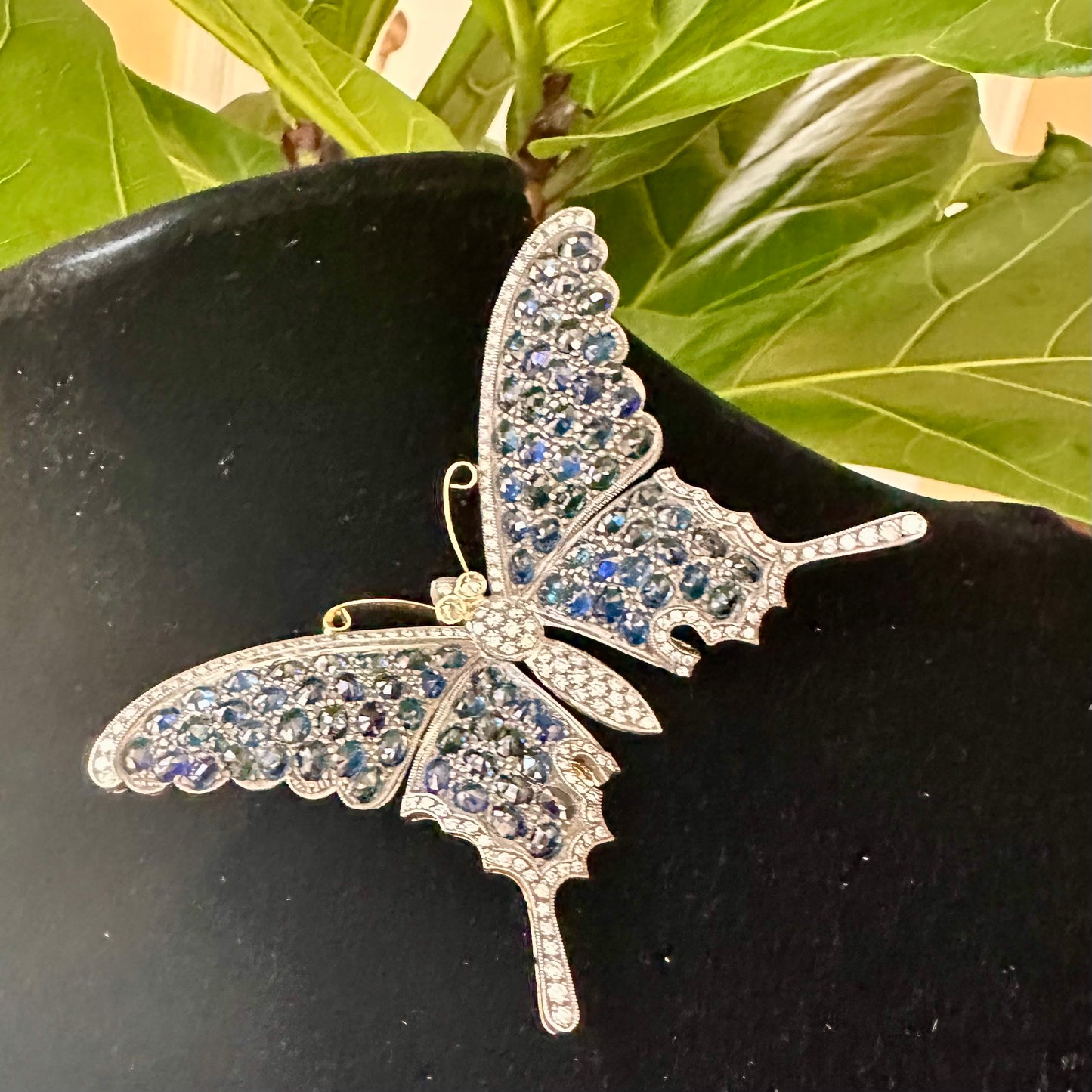 Sapphire & Diamond Butterfly Brooch 18k/Silver, Vintage Butterfly Pin 18k/Silver