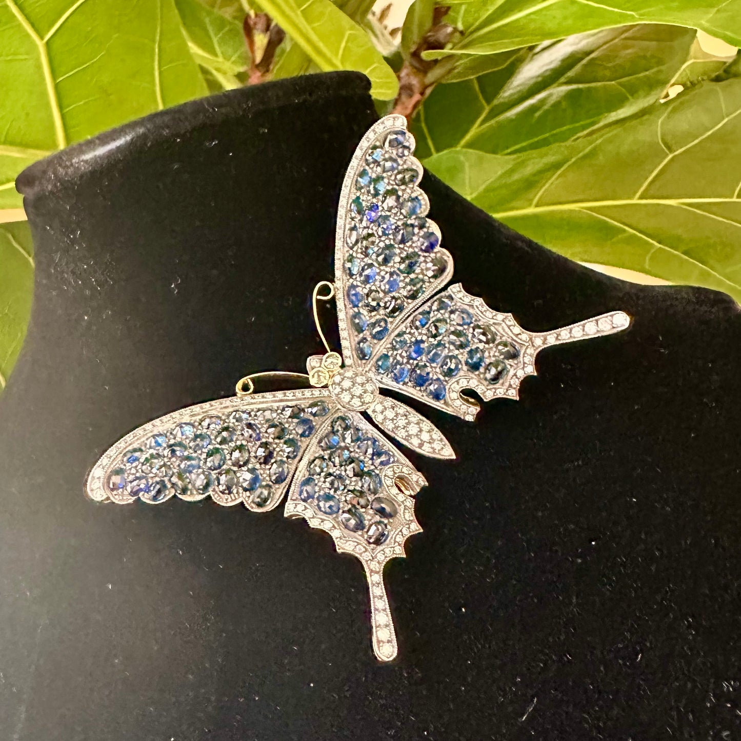 Sapphire & Diamond Butterfly Brooch 18k/Silver, Vintage Butterfly Pin 18k/Silver