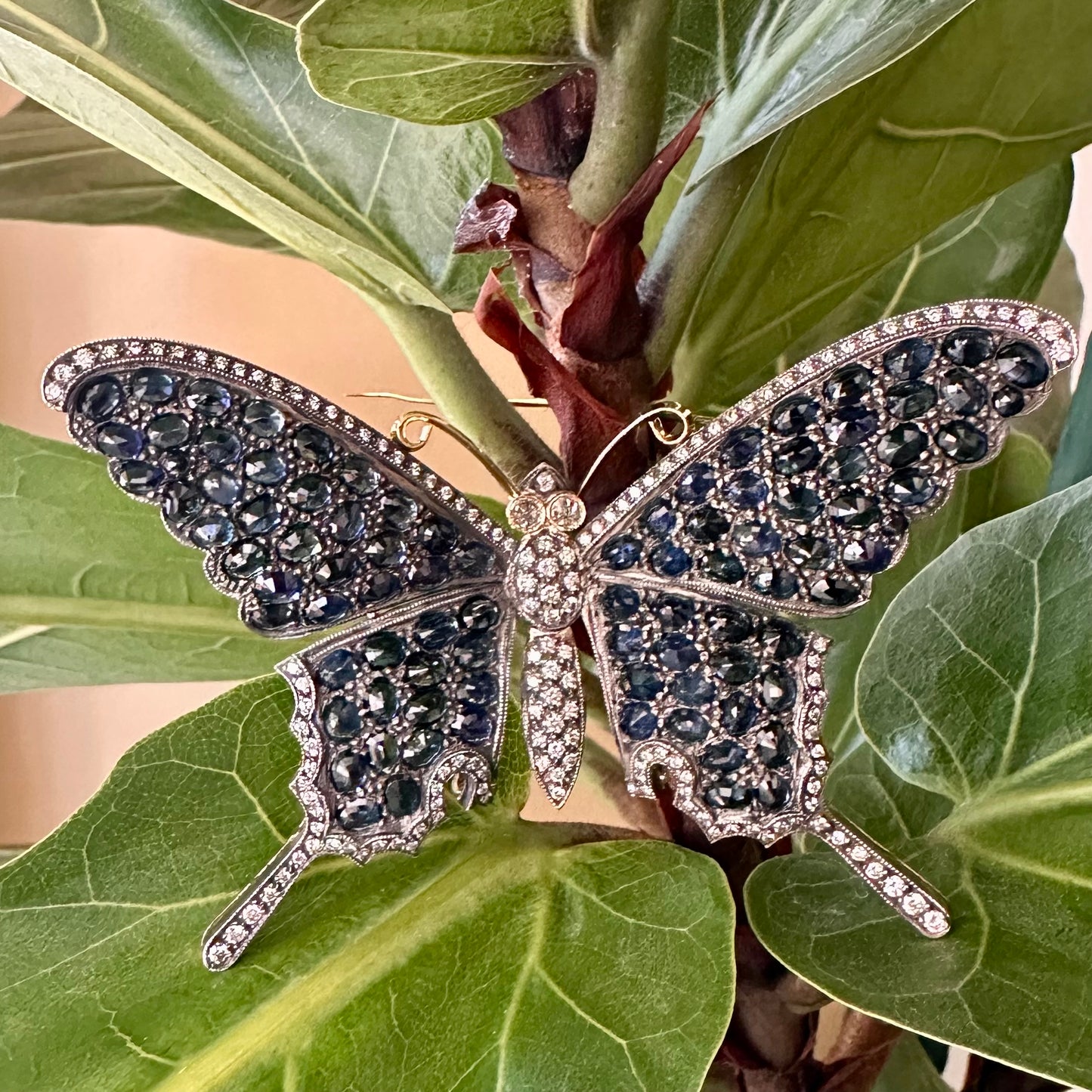 Sapphire & Diamond Butterfly Brooch 18k/Silver, Vintage Butterfly Pin 18k/Silver