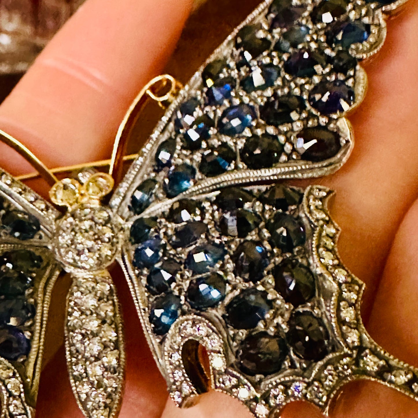 Sapphire & Diamond Butterfly Brooch 18k/Silver, Vintage Butterfly Pin 18k/Silver