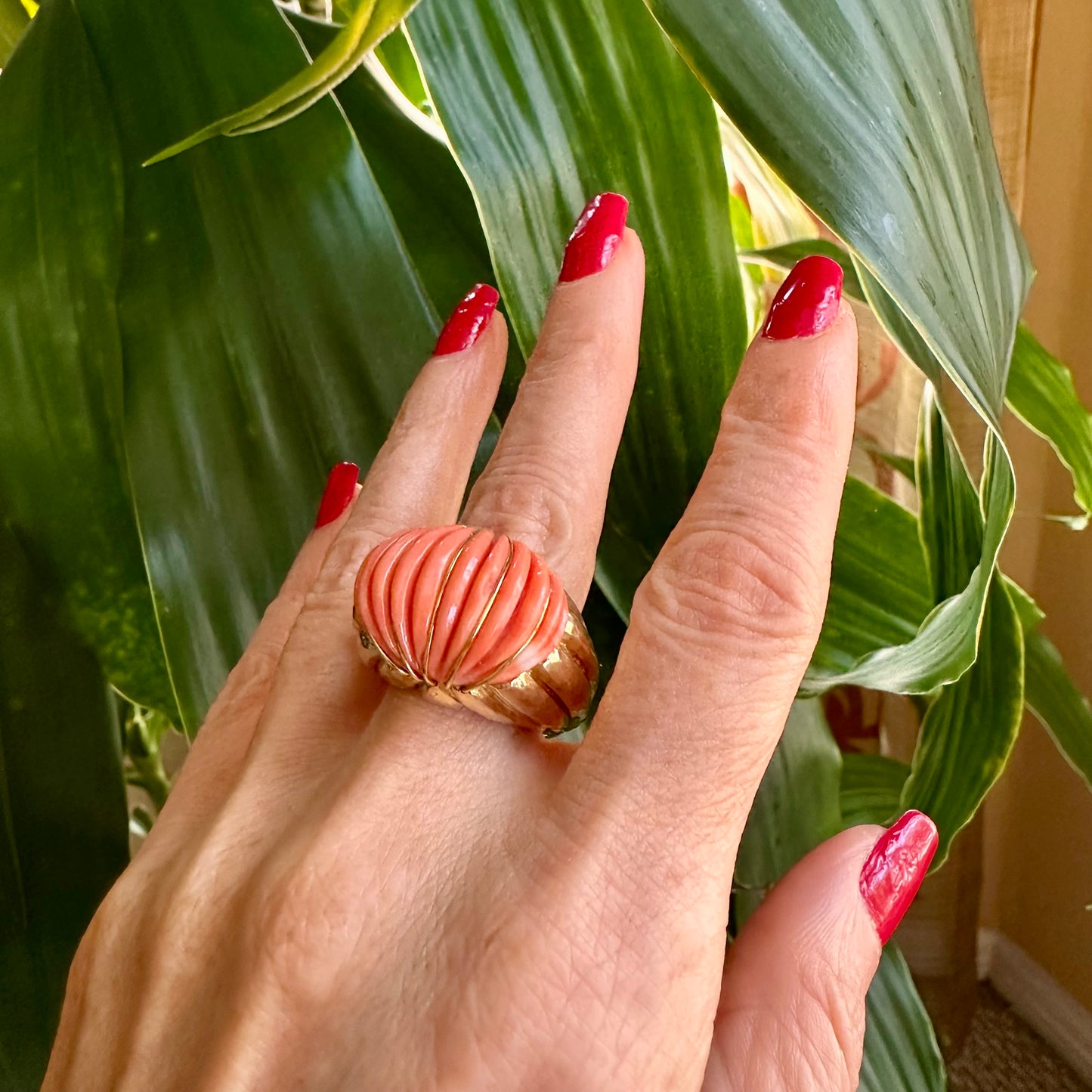 Estate 18k Carved Coral & Yellow Gold Ring, Coral & Gold 18k Ring