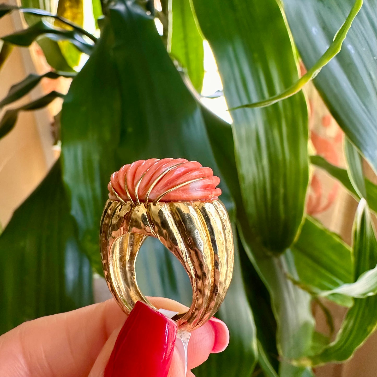 Estate 18k Carved Coral & Yellow Gold Ring, Coral & Gold 18k Ring