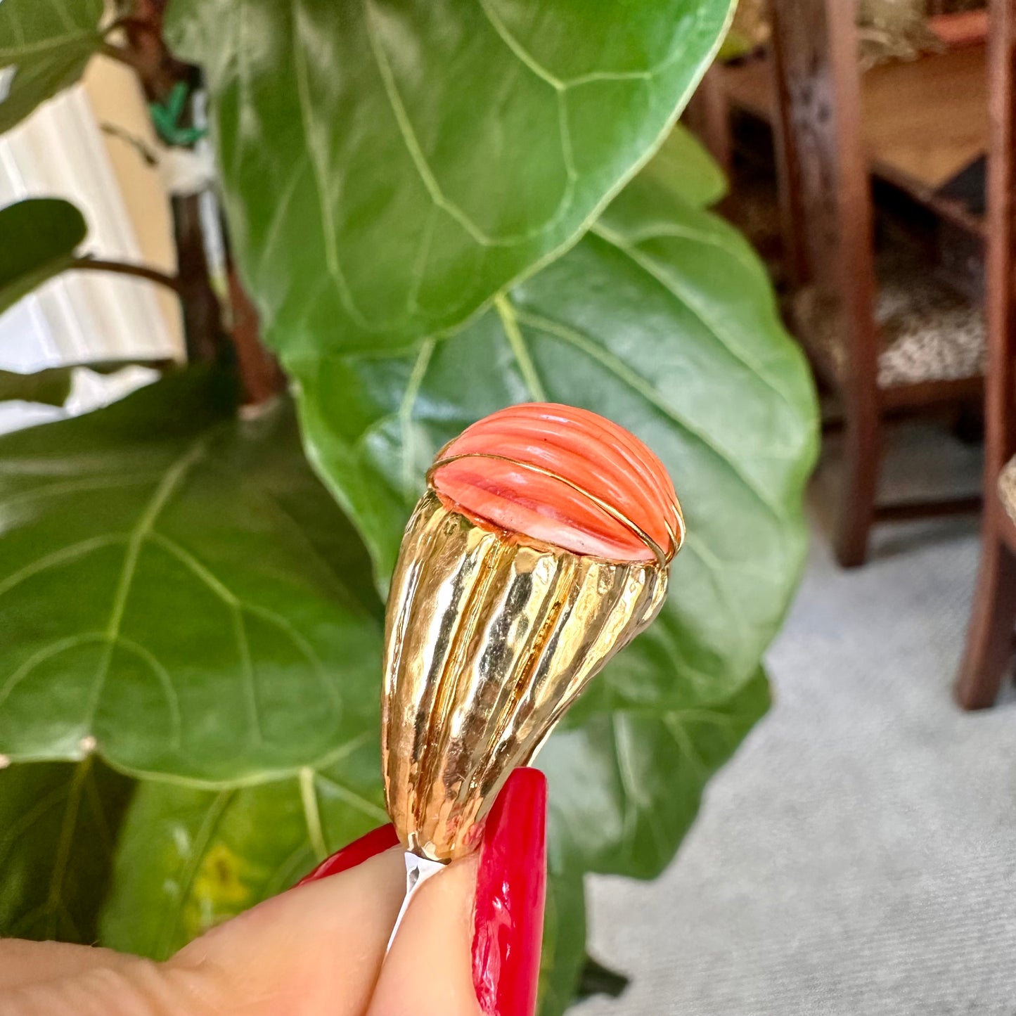 Estate 18k Carved Coral & Yellow Gold Ring, Coral & Gold 18k Ring