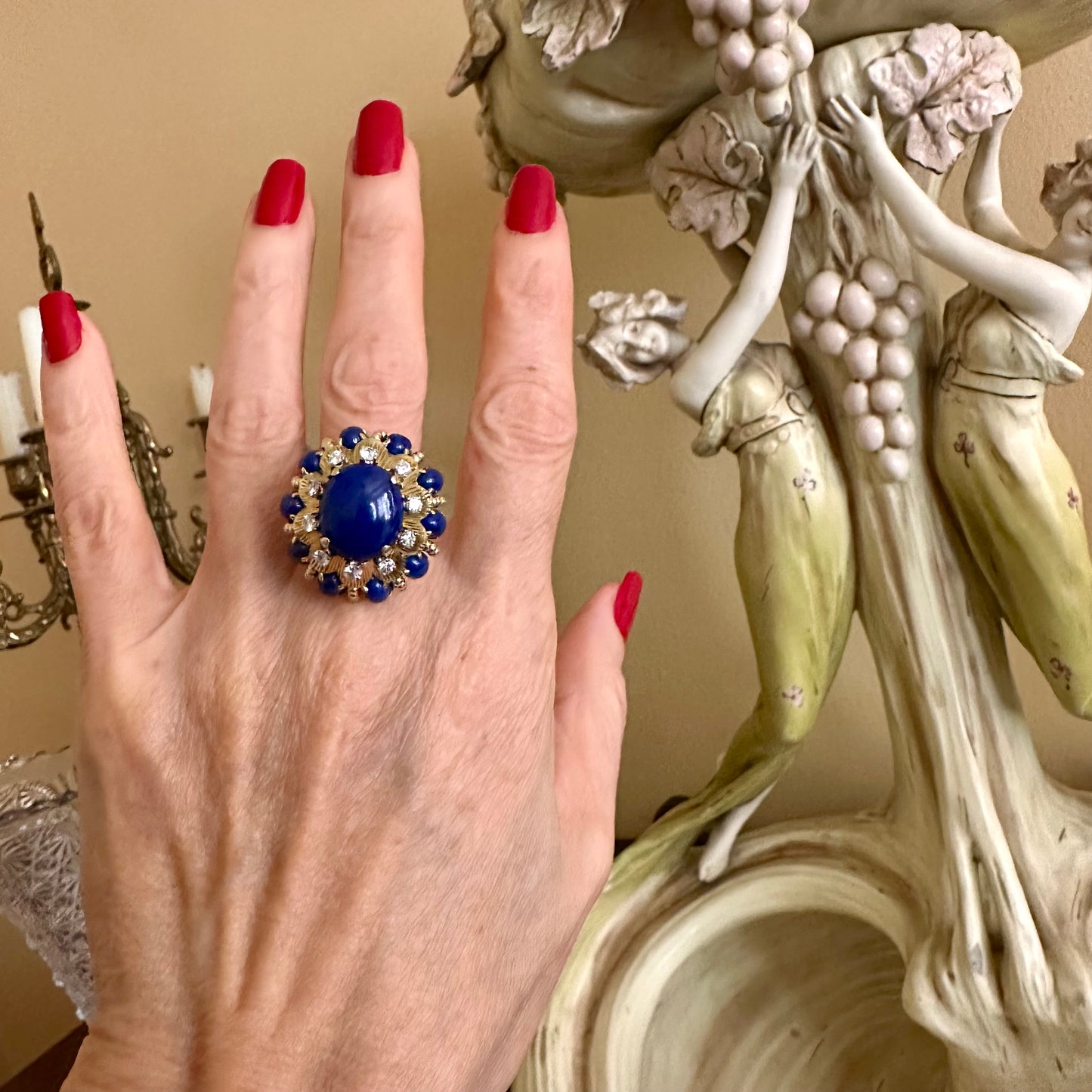 Retro 14k Lapis & Diamond Yellow Gold Ring, Vintage Lapis & Diamond 18k Ring