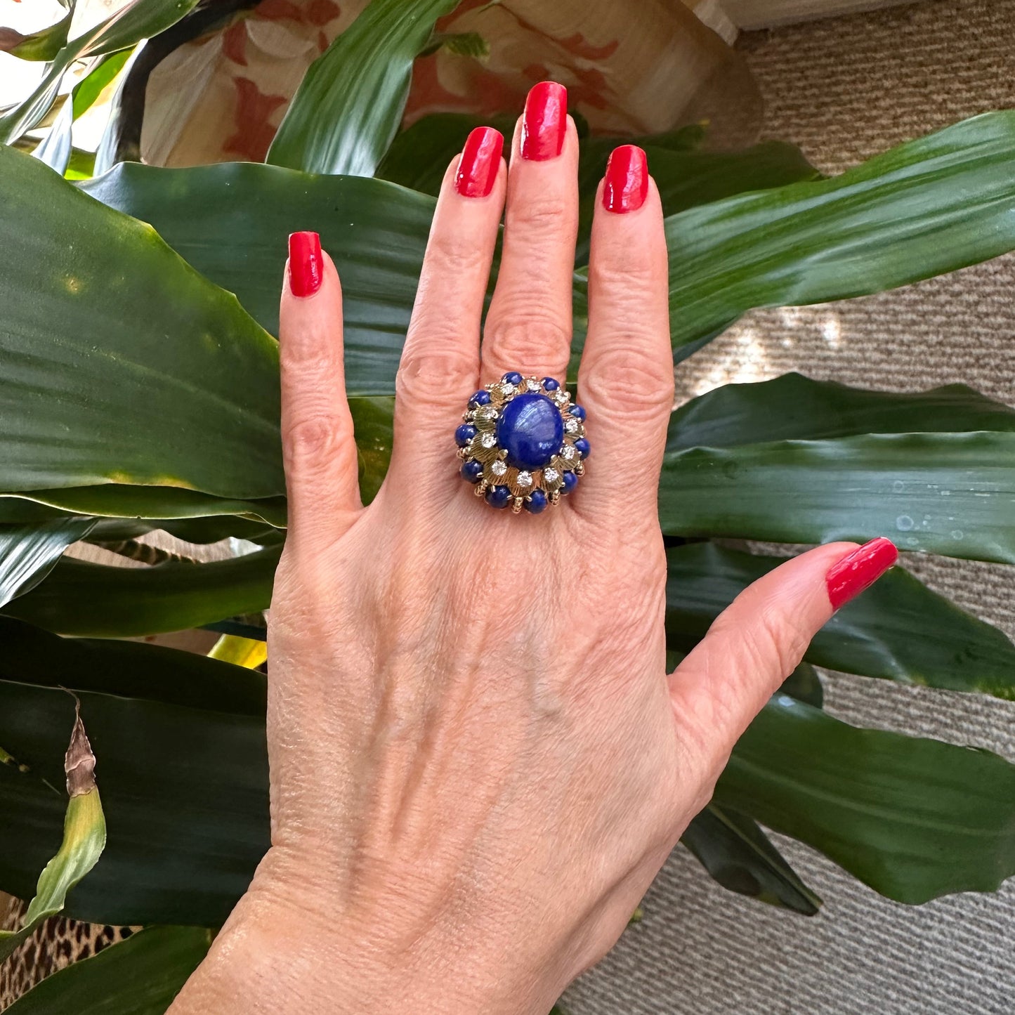Retro 14k Lapis & Diamond Yellow Gold Ring, Vintage Lapis & Diamond 18k Ring