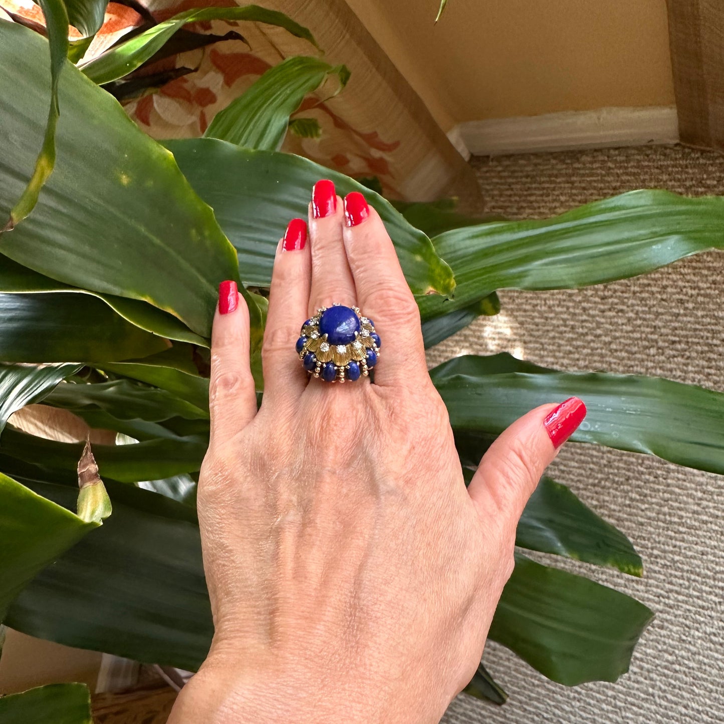 Retro 14k Lapis & Diamond Yellow Gold Ring, Vintage Lapis & Diamond 18k Ring