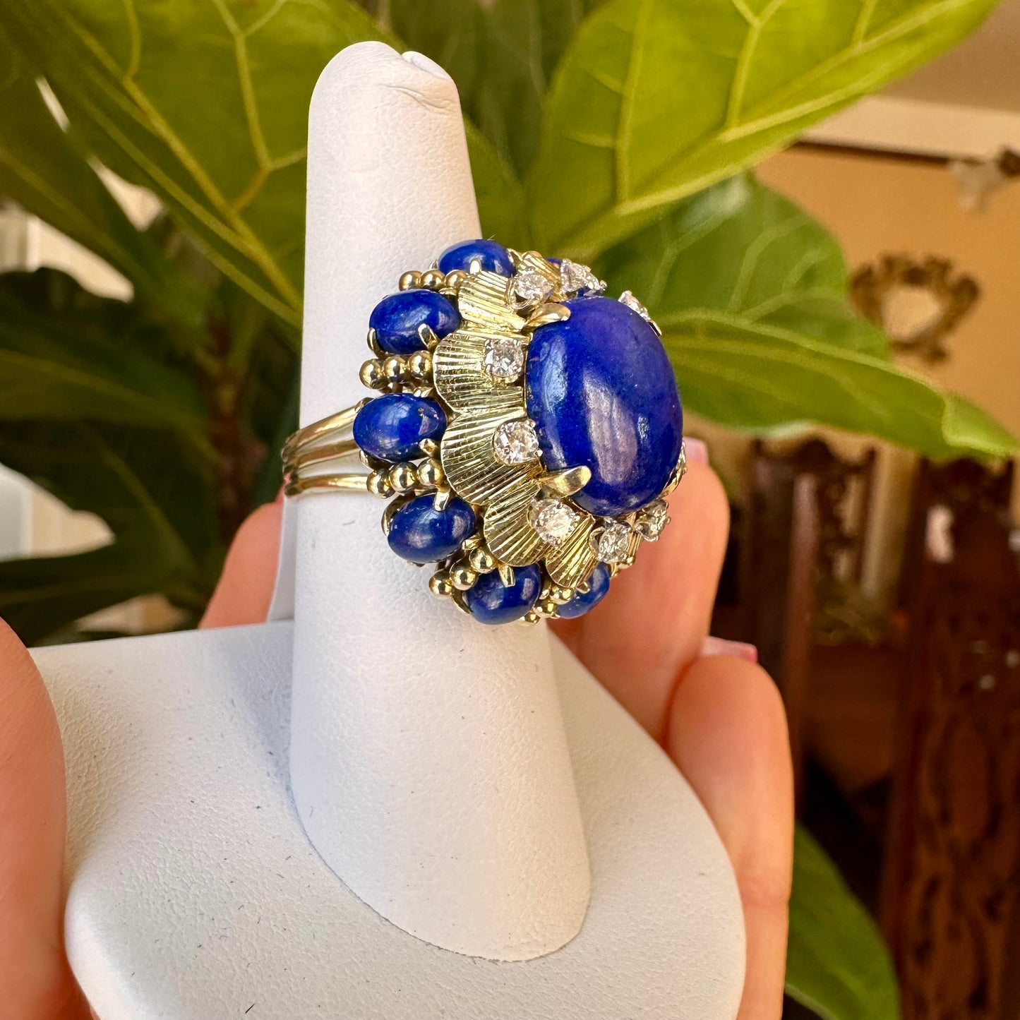 Retro 14k Lapis & Diamond Yellow Gold Ring, Vintage Lapis & Diamond 18k Ring