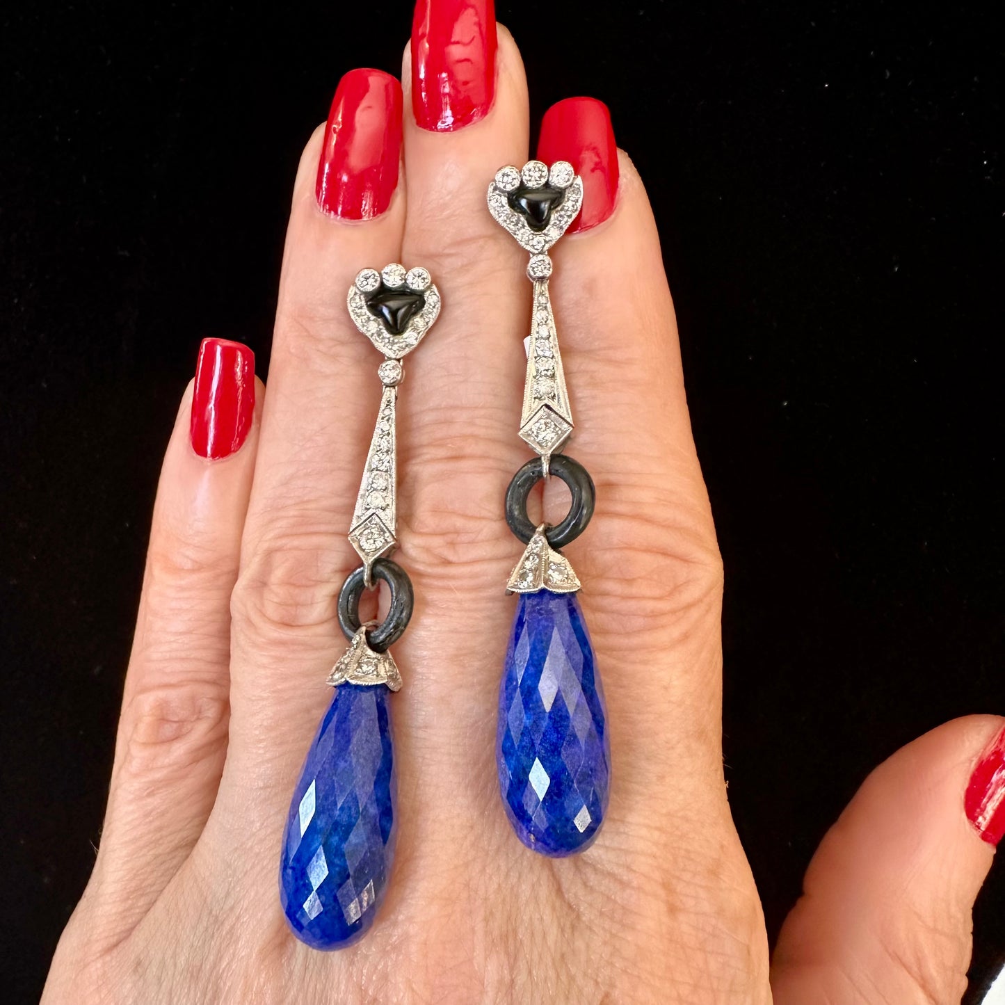 Art Deco Lapis, Onyx & Diamond Drop Platinum Earrings