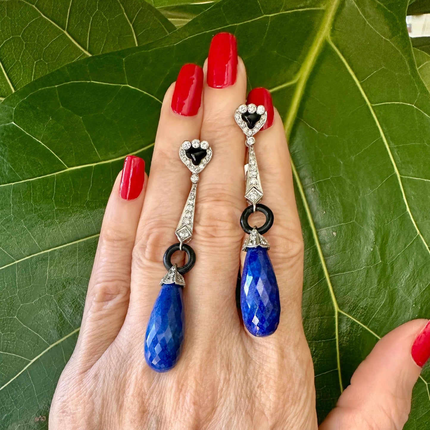 Art Deco Lapis, Onyx & Diamond Drop Platinum Earrings