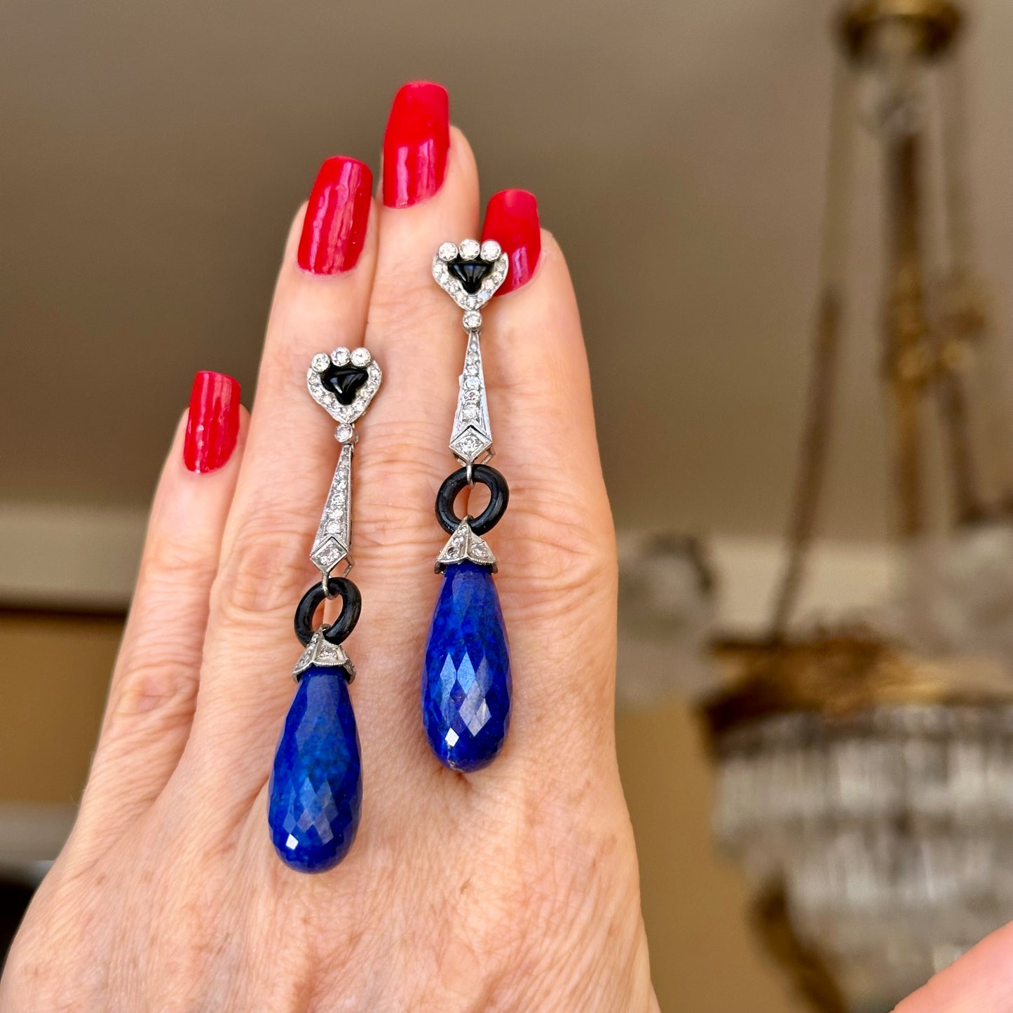 Art Deco Lapis, Onyx & Diamond Drop Platinum Earrings