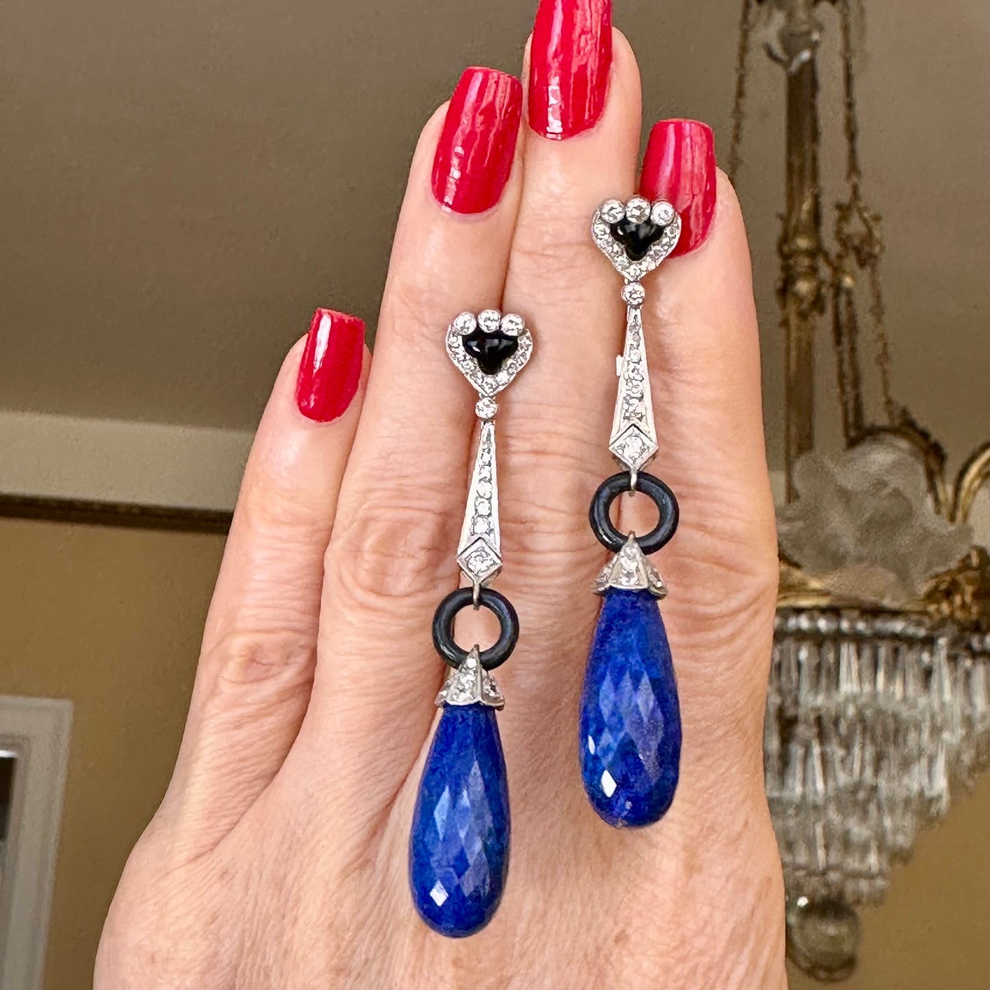 Art Deco Lapis, Onyx & Diamond Drop Platinum Earrings