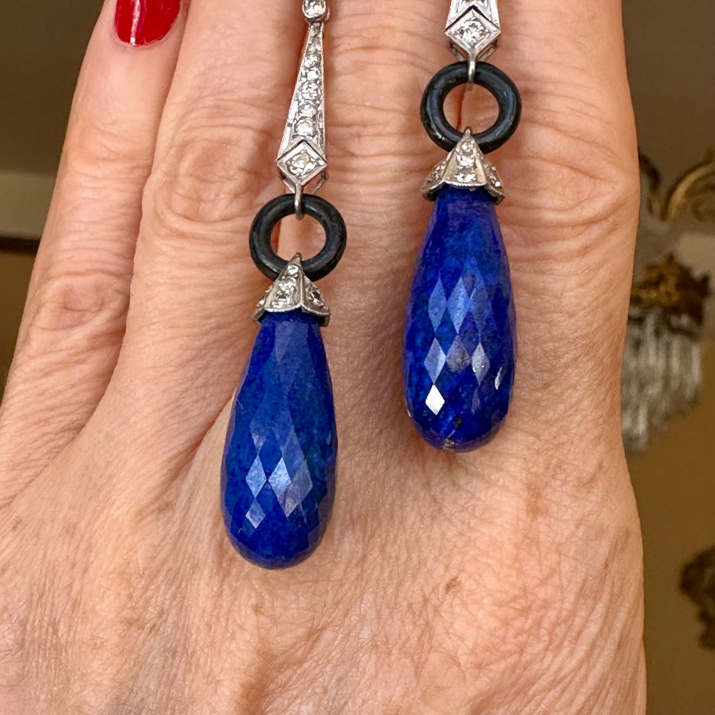 Art Deco Lapis, Onyx & Diamond Drop Platinum Earrings