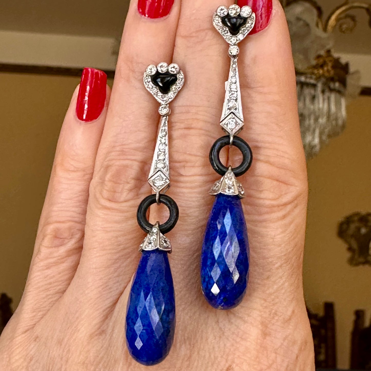 Art Deco Lapis, Onyx & Diamond Drop Platinum Earrings