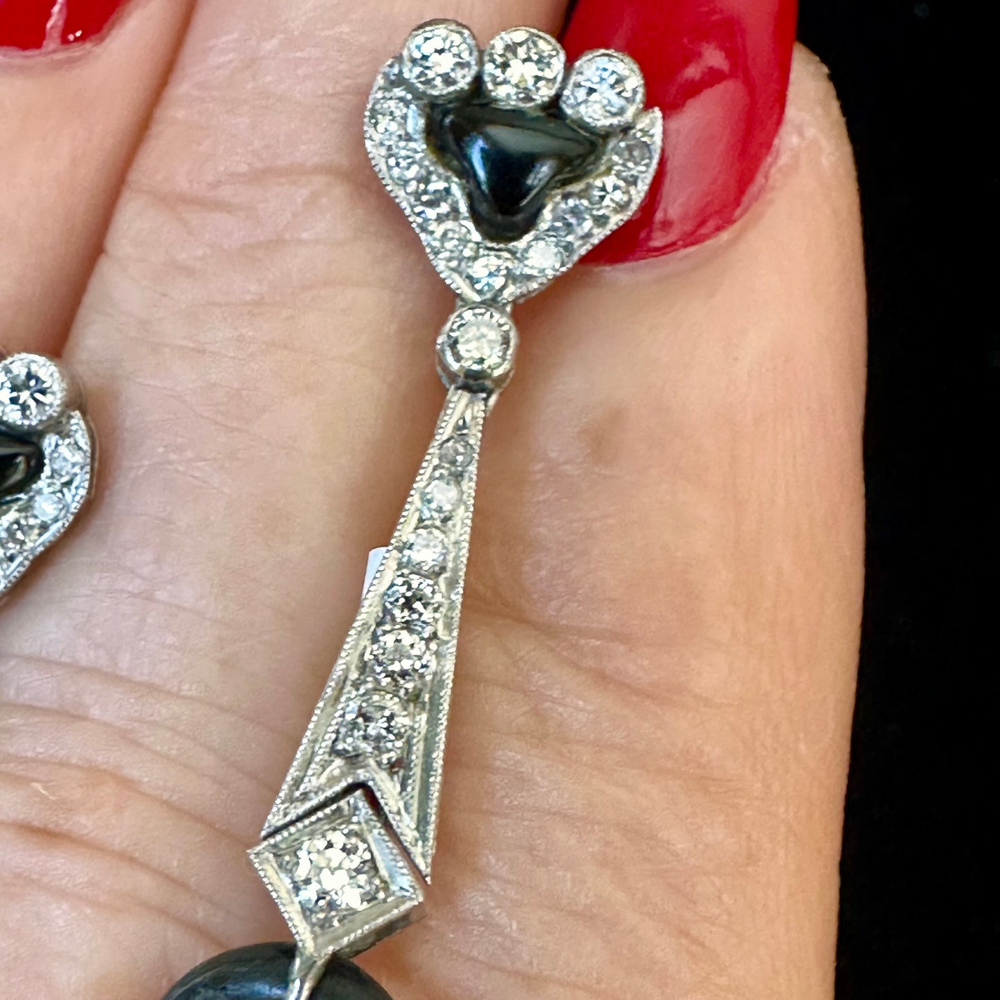 Art Deco Lapis, Onyx & Diamond Drop Platinum Earrings