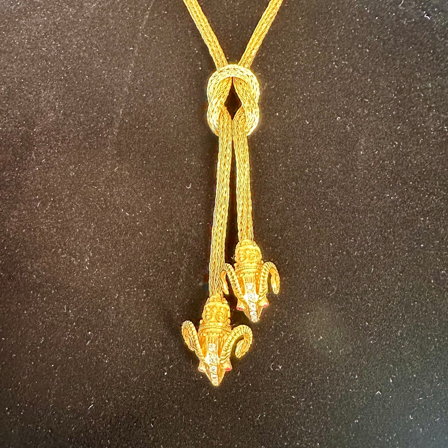 Solid 18k Yellow Gold Woven Necklace with Diamond Ram Heads