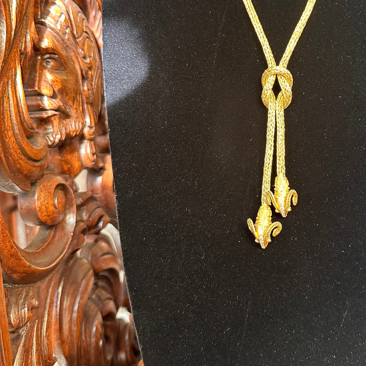 Solid 18k Yellow Gold Woven Necklace with Diamond Ram Heads