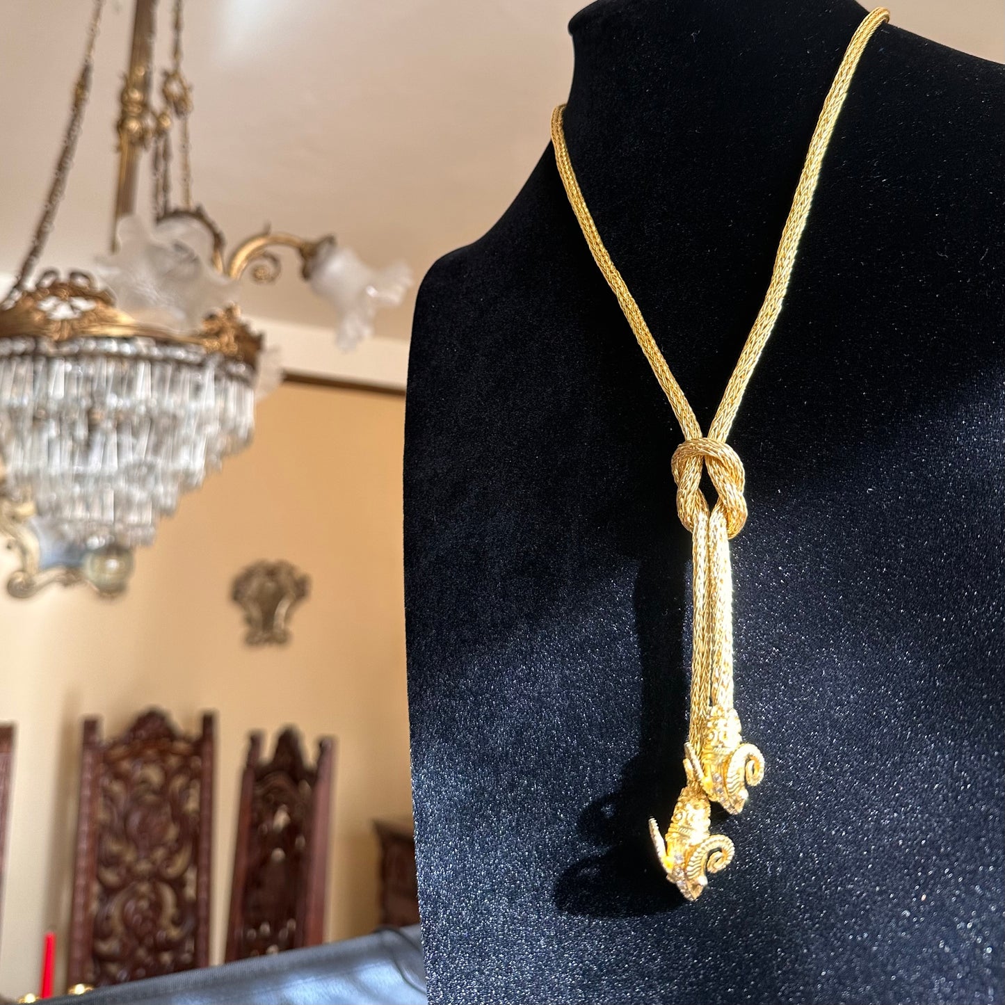 Solid 18k Yellow Gold Woven Necklace with Diamond Ram Heads