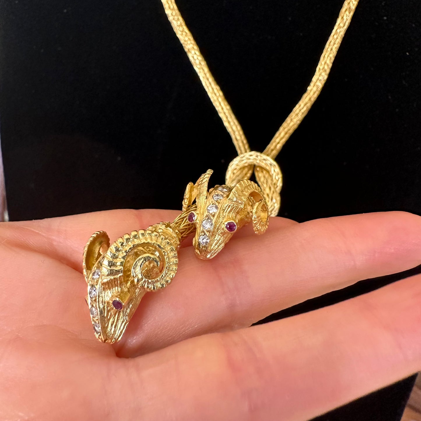Solid 18k Yellow Gold Woven Necklace with Diamond Ram Heads