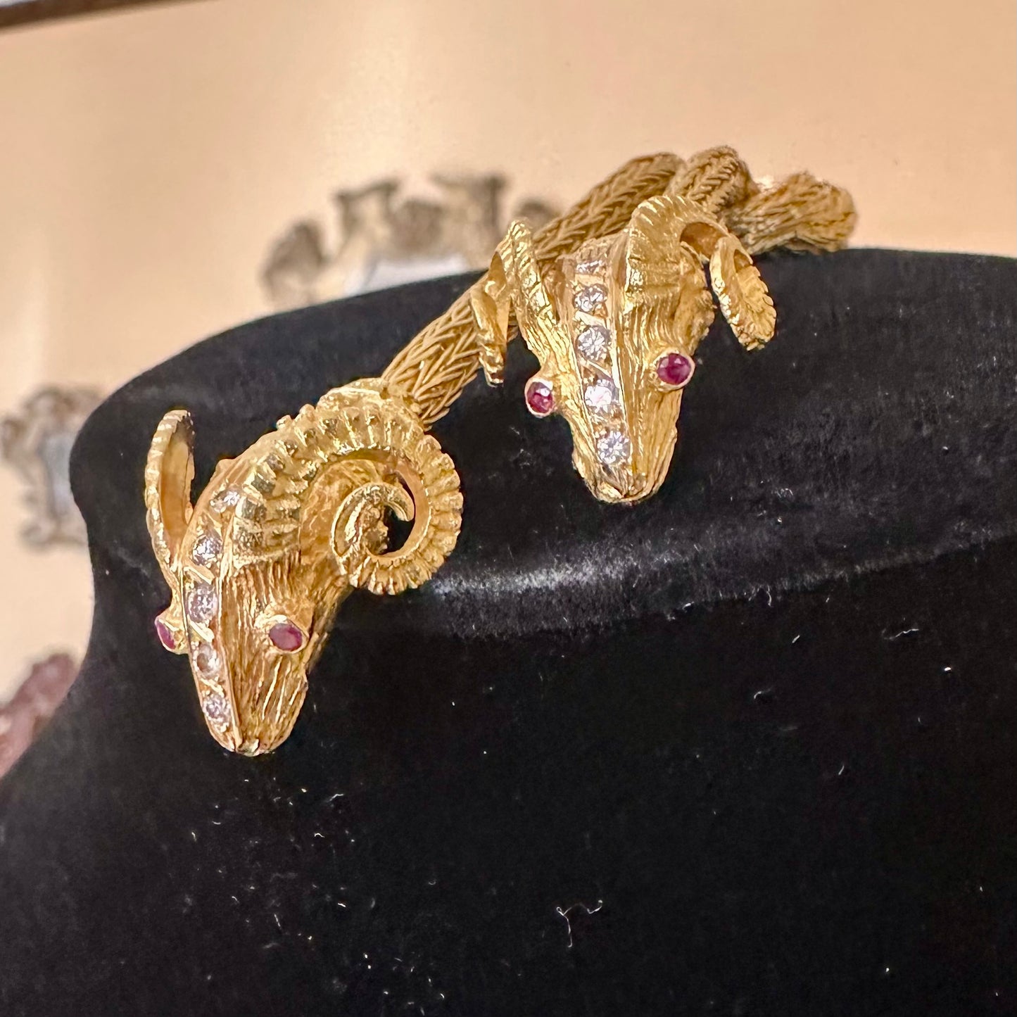 Solid 18k Yellow Gold Woven Necklace with Diamond Ram Heads