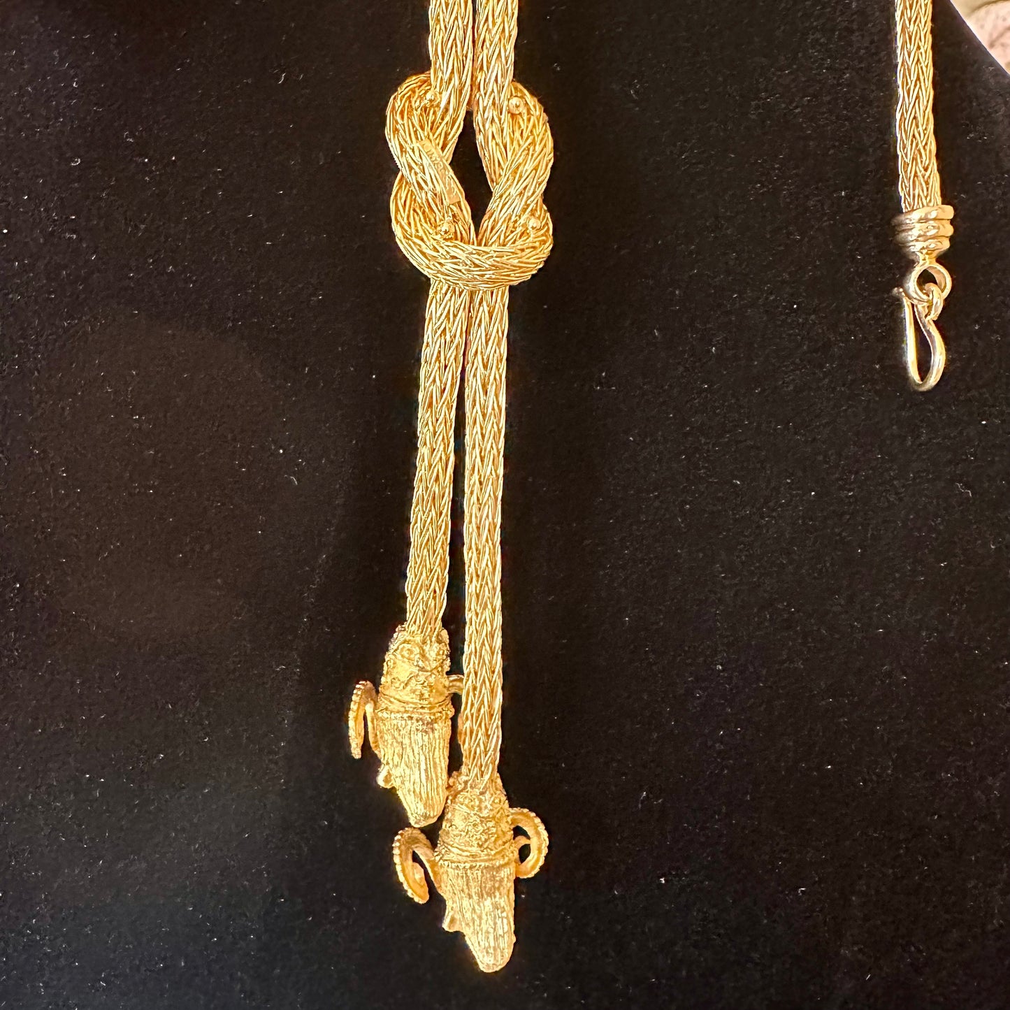Solid 18k Yellow Gold Woven Necklace with Diamond Ram Heads