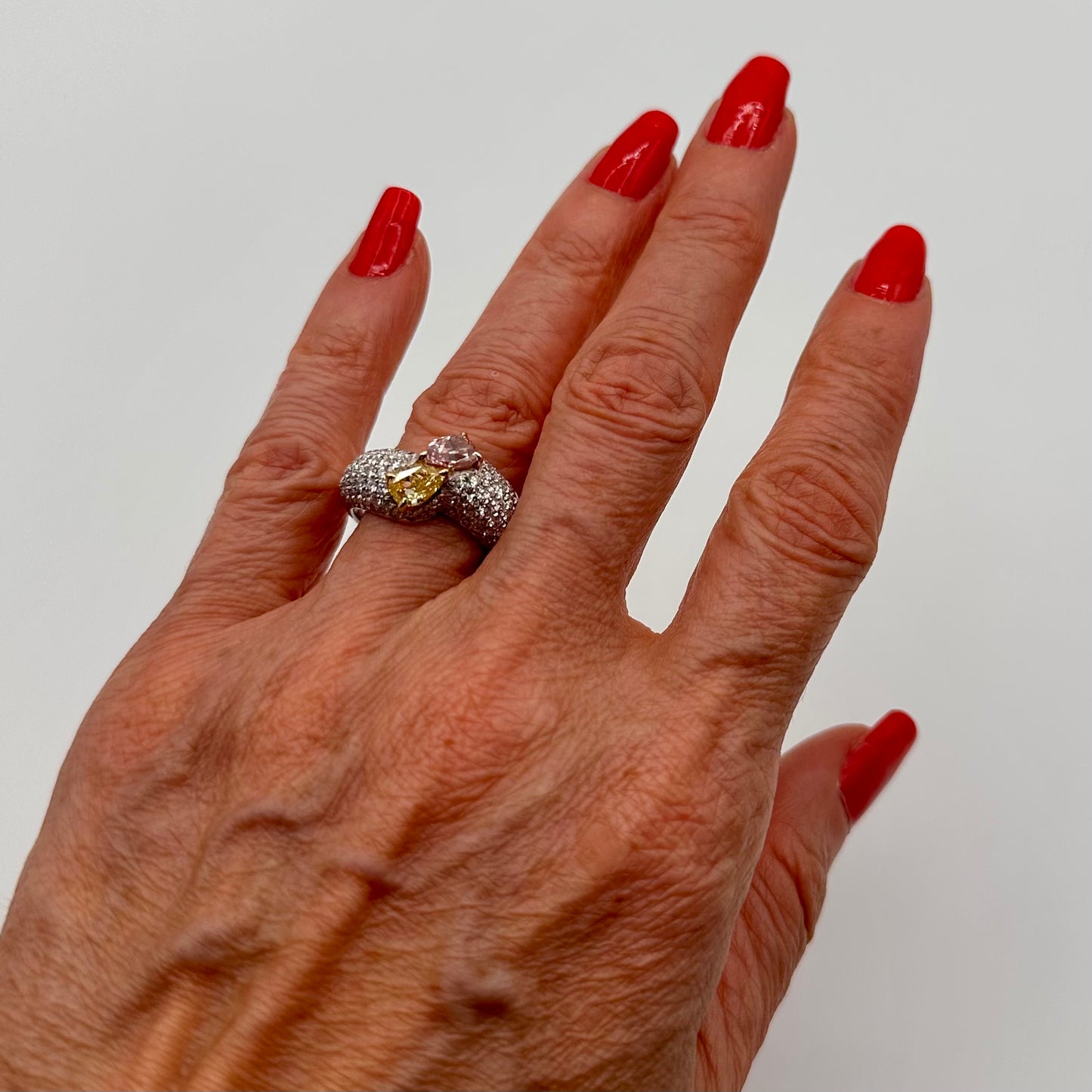 Bypass Fancy Color Diamonds Pear Shape With White Diamonds 18k Ring